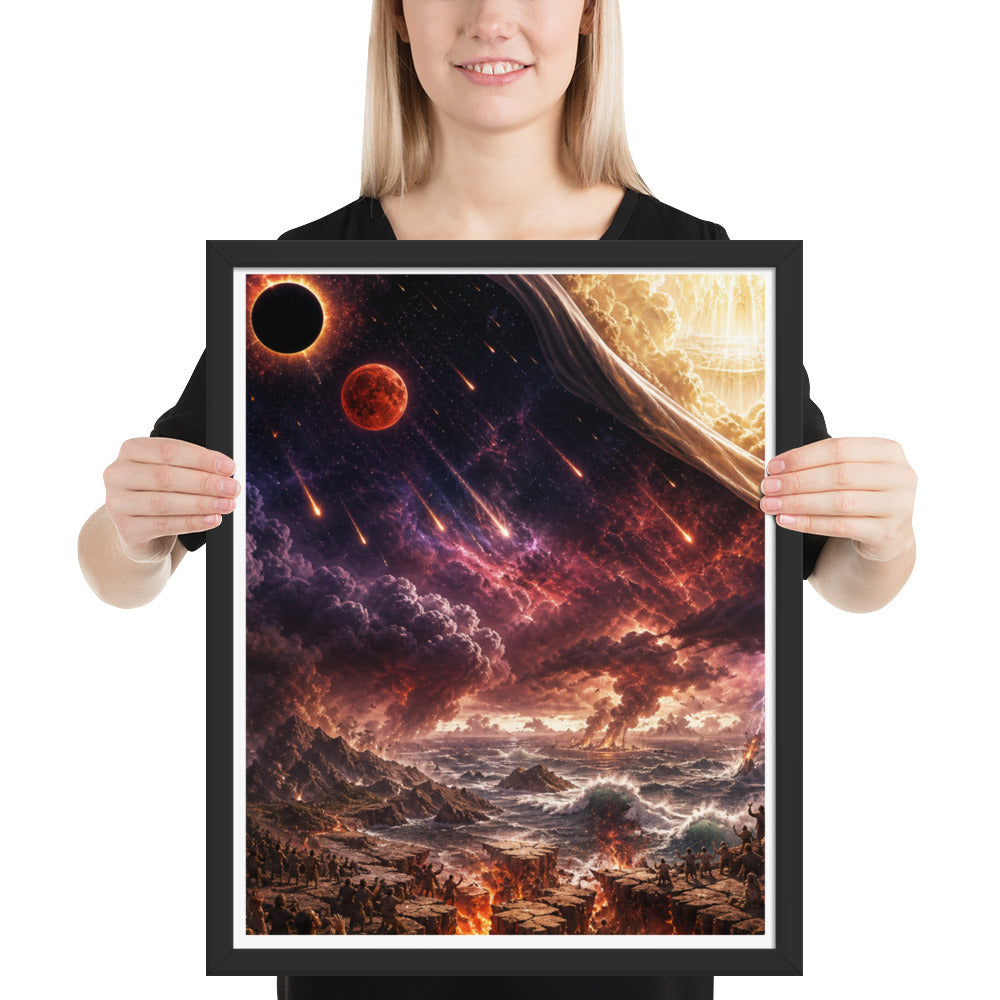 Revelation inspired framed Christian poster showing blood moon imagery, darkened skies, falling stars, and dramatic biblical end-times scenery.