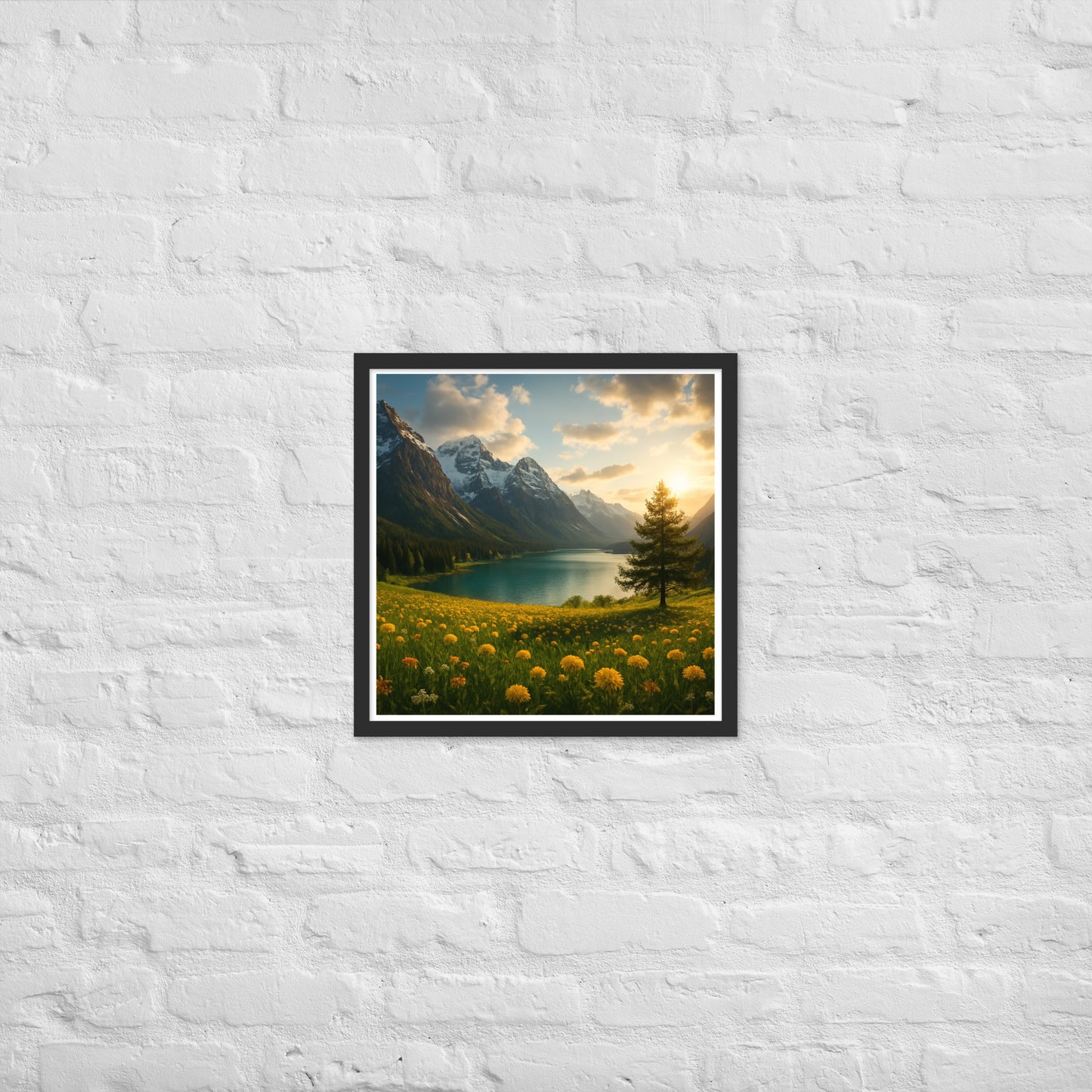 Majestic mountain valley Christian wall art with wildflowers and lake
