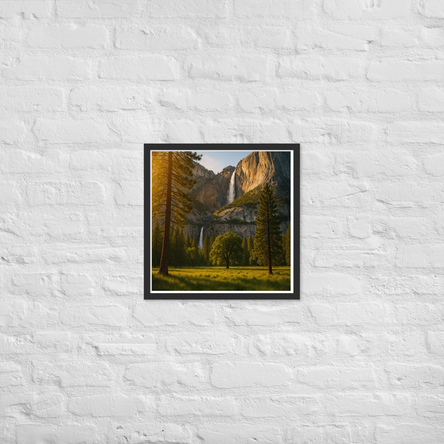 Waterfall landscape framed wall art with mountains and trees