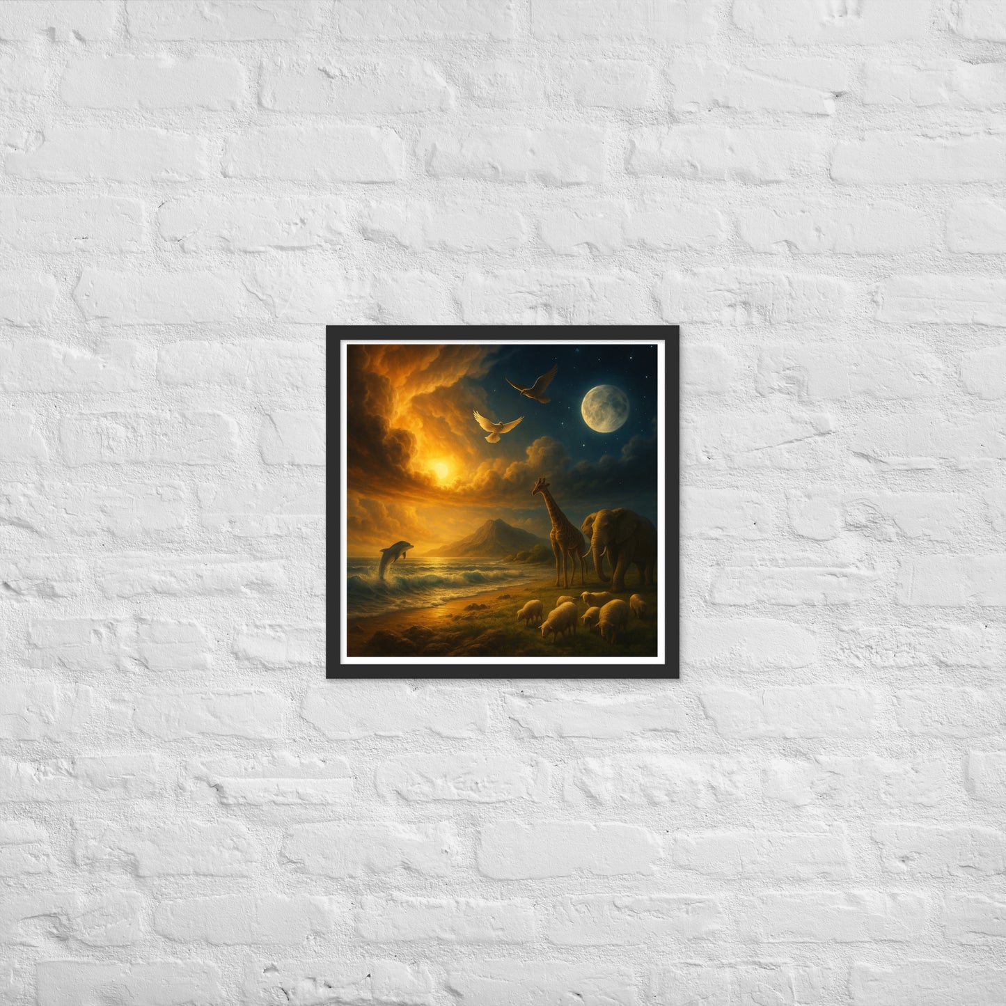 Genesis 1 creation poster—Christian wall art with sun, moon, ocean waves, dove, giraffe, elephant, sheep