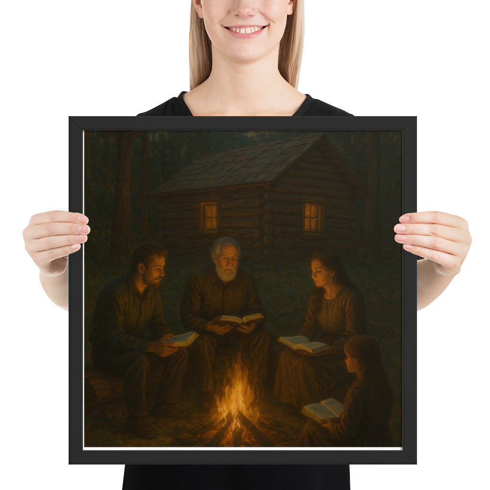 Christian wall art of family Bible study by campfire – faith-based framed poster symbolizing fellowship, prayer, and devotion.