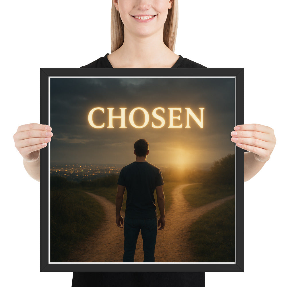 Christian wall art poster with prophetic “Chosen” design — framed faith-based décor about identity and purpose in Christ.