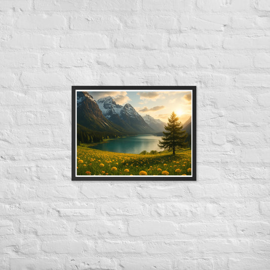 Majestic mountain valley Christian wall art with wildflowers and lake