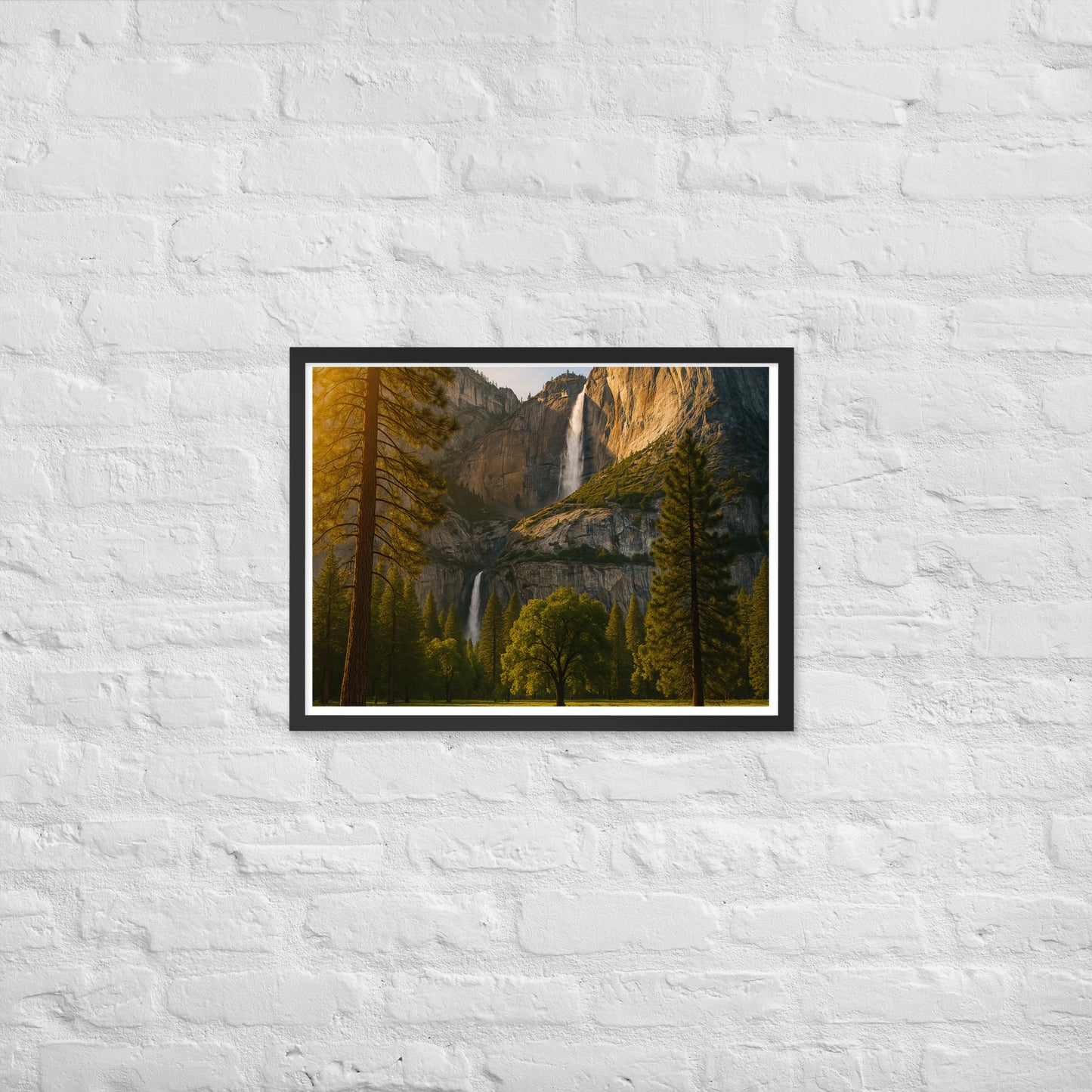 Waterfall landscape framed wall art with mountains and trees