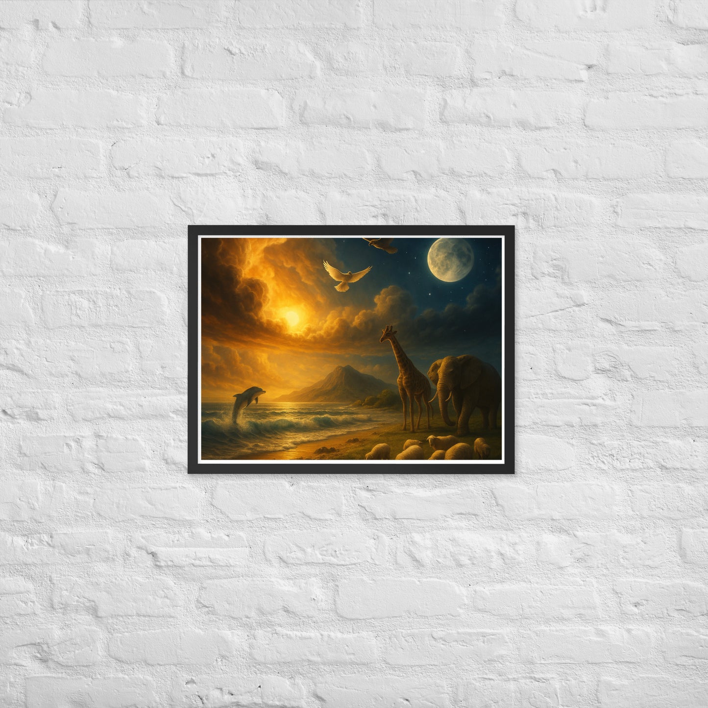 Genesis 1 creation poster—Christian wall art with sun, moon, ocean waves, dove, giraffe, elephant, sheep