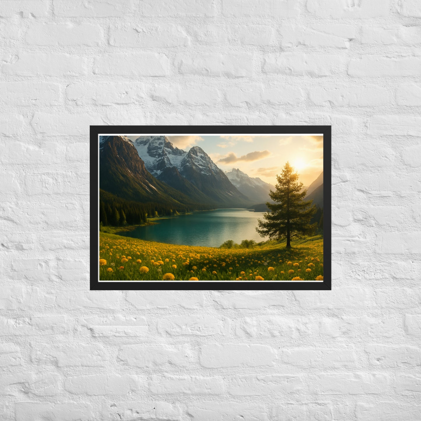 Majestic mountain valley Christian wall art with wildflowers and lake