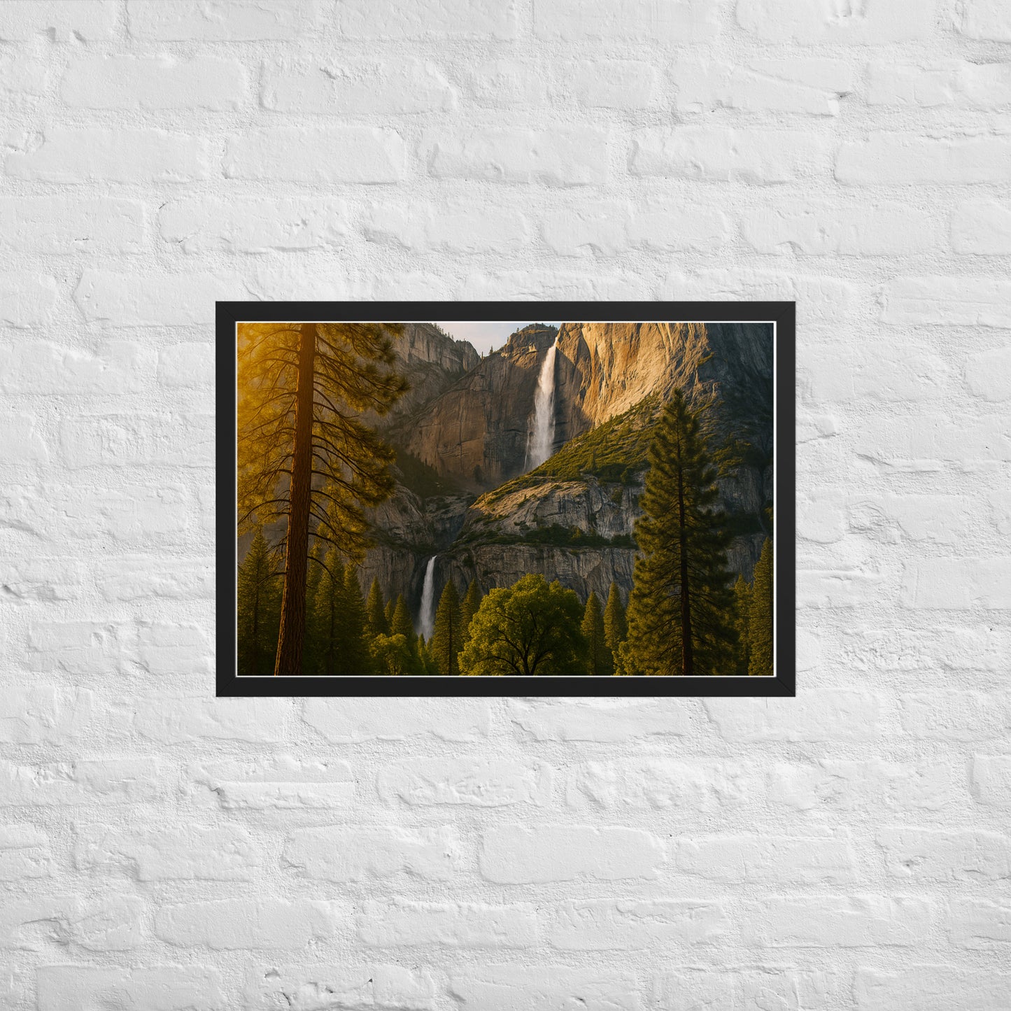 Waterfall landscape framed wall art with mountains and trees