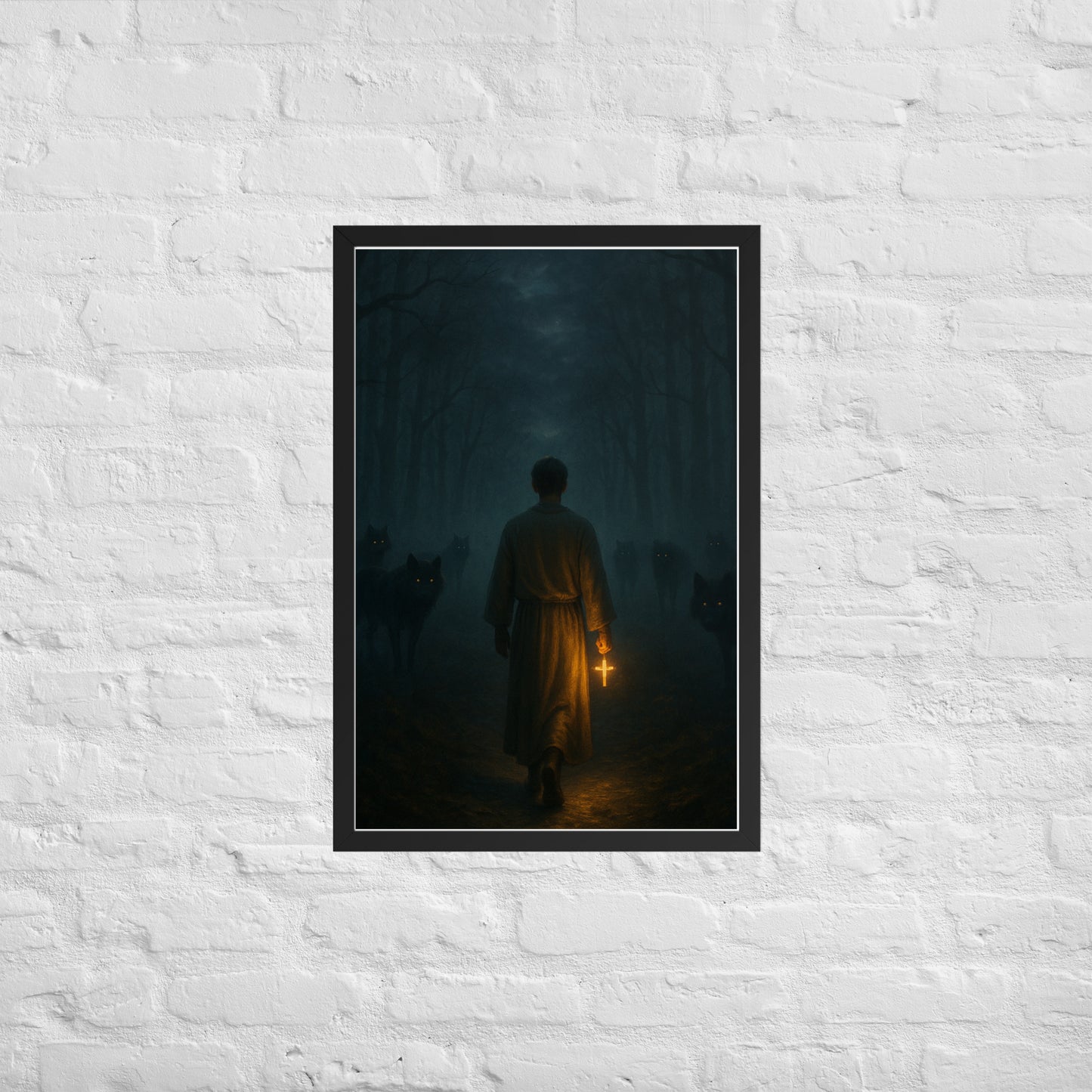 Man in a dark foggy forest holding a glowing cross while shadowy wolves watch from the trees, dramatic Christian wall art symbolizing Psalm 23 “fear no evil.”
