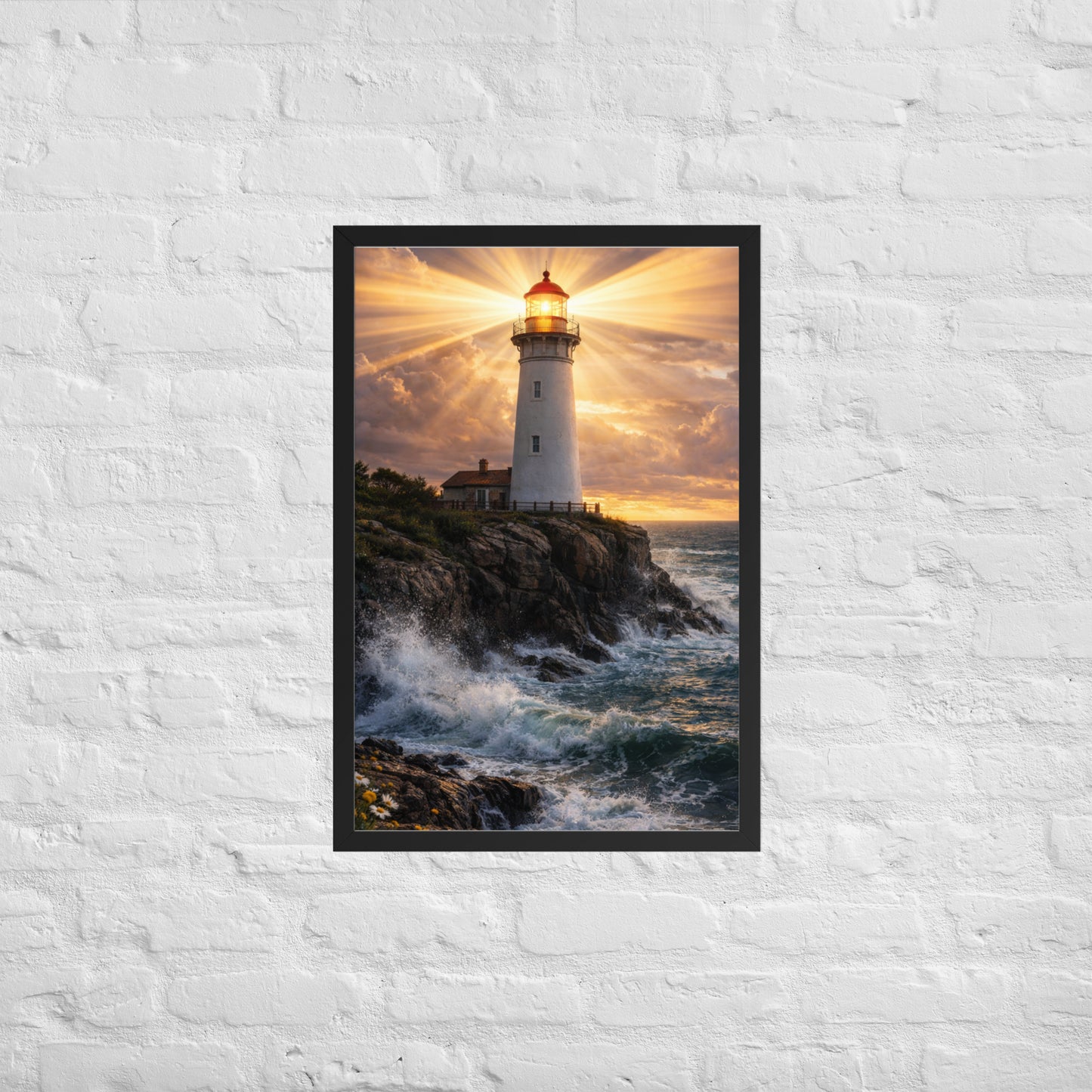 White lighthouse on rocky coastline shining golden beams through dramatic sunset clouds above crashing ocean waves, inspirational Christian coastal framed poster.