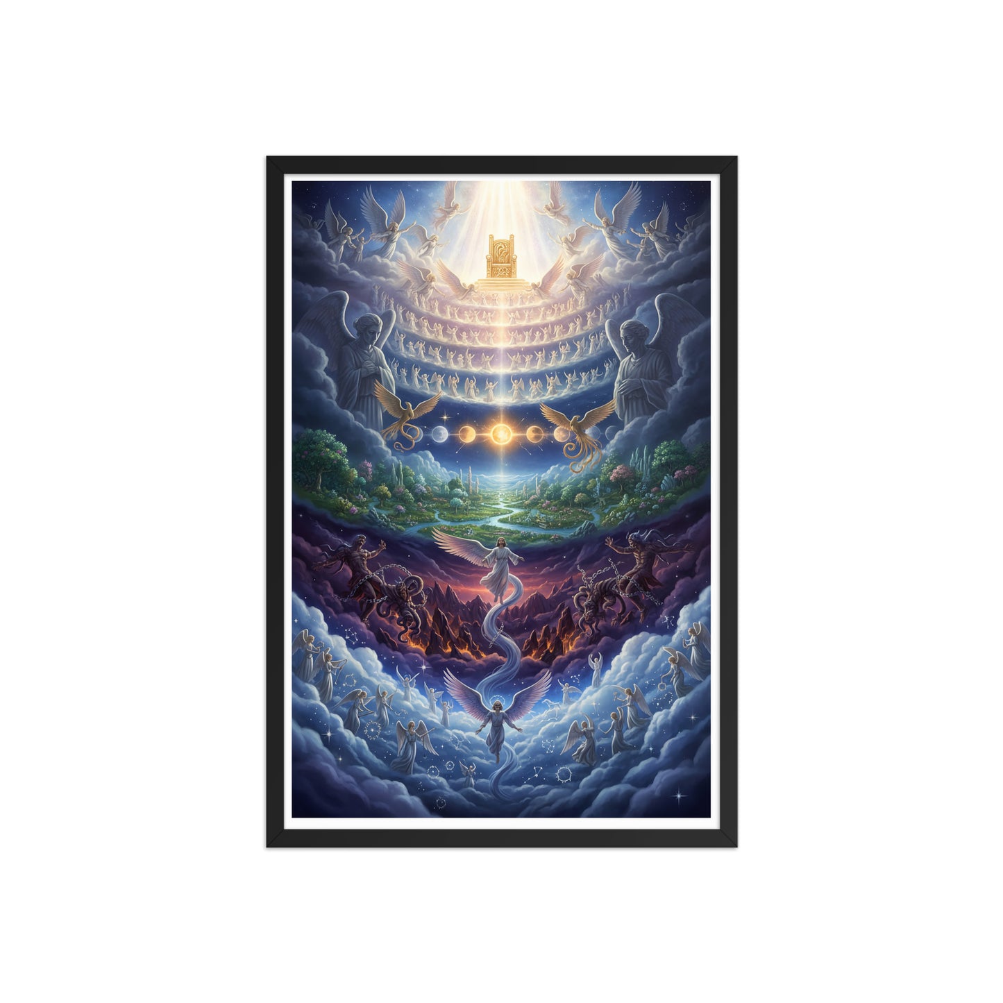 Enoch's vision of the seven heavens prophetic Christian wall art — paradise garden, celestial sun and moon, bound Watchers, angelic hosts, and blazing golden throne of glory surrounded by the heavenly host