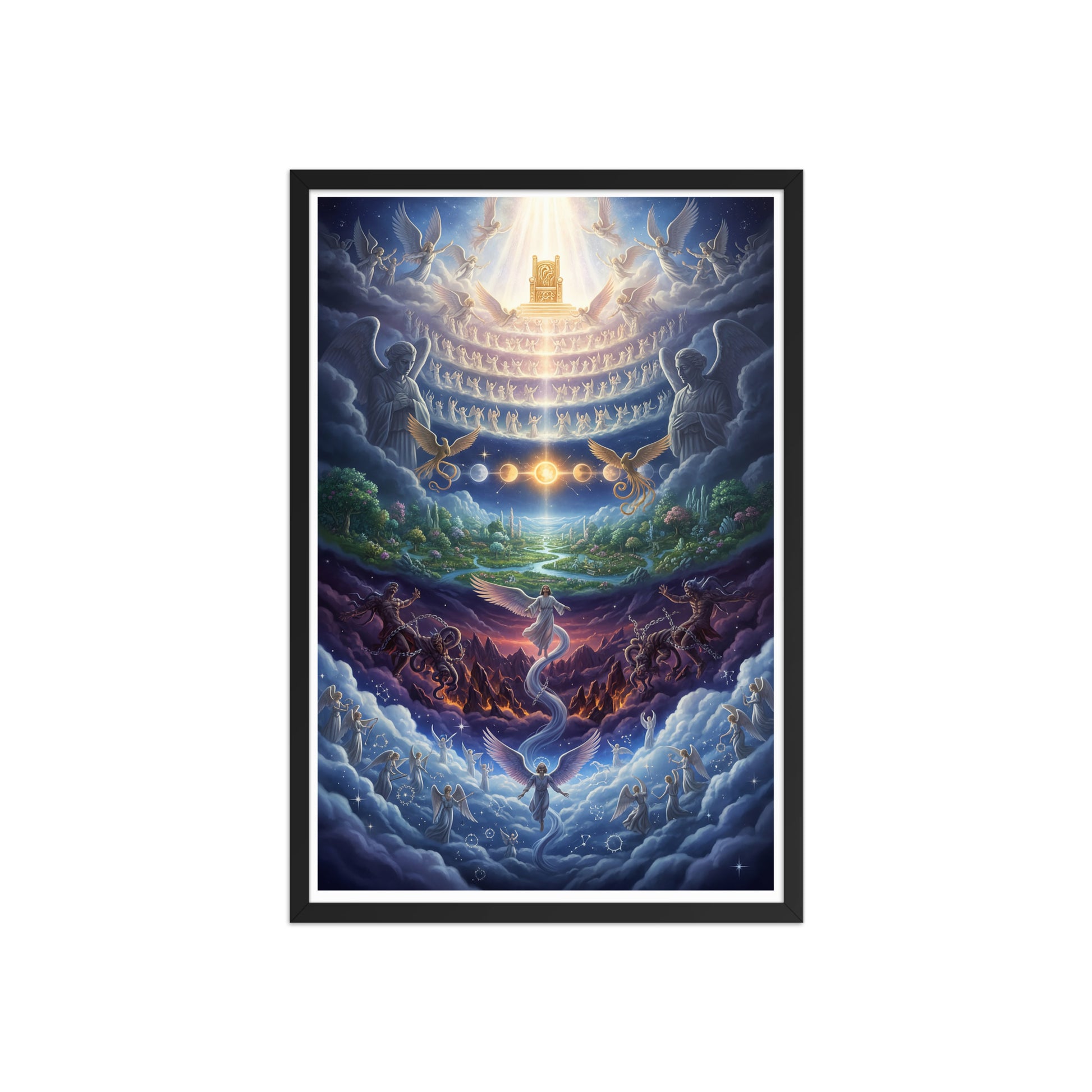 Enoch's vision of the seven heavens prophetic Christian wall art — paradise garden, celestial sun and moon, bound Watchers, angelic hosts, and blazing golden throne of glory surrounded by the heavenly host
