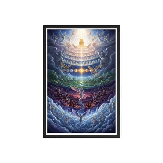Enoch's vision of the seven heavens prophetic Christian wall art — paradise garden, celestial sun and moon, bound Watchers, angelic hosts, and blazing golden throne of glory surrounded by the heavenly host