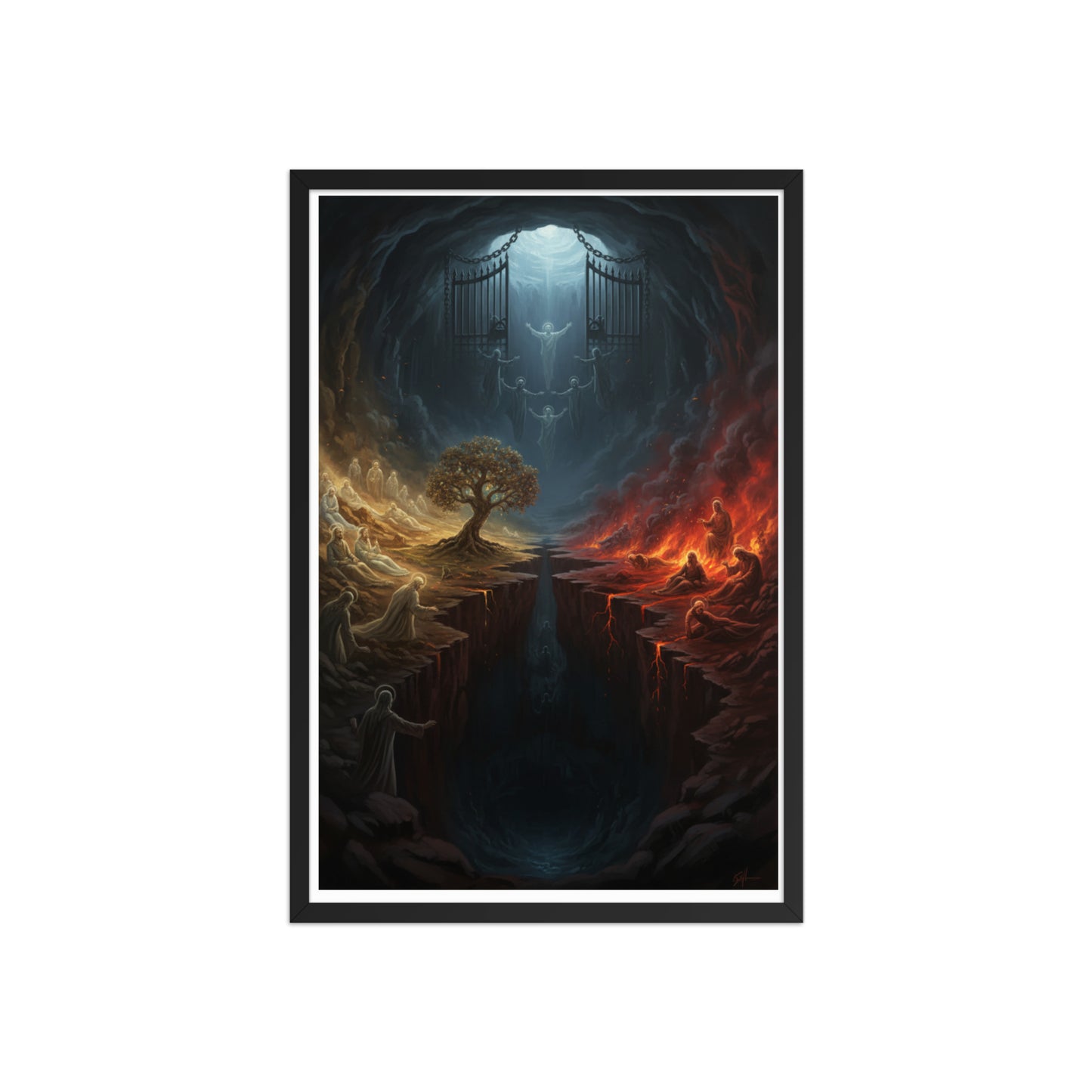 Sheol the biblical realm of the dead prophetic Christian wall art — Abraham's Bosom on the left with the righteous at rest, the pit of fire and torment on the right, a great gulf and the gates of Sheol dividing them
