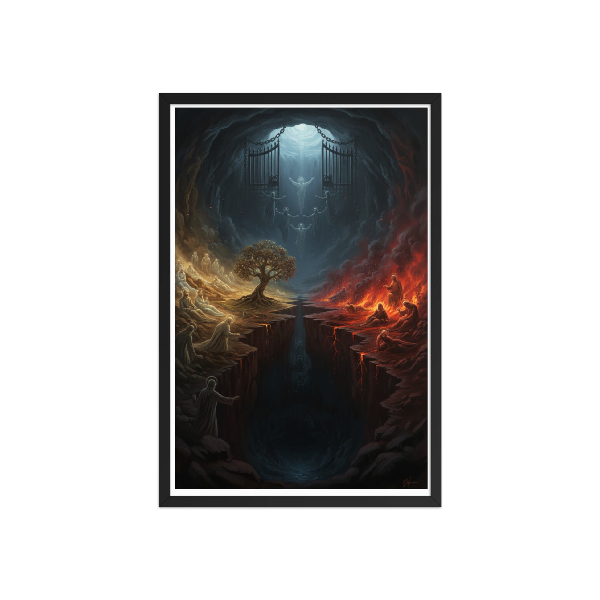 Sheol the biblical realm of the dead prophetic Christian wall art — Abraham's Bosom on the left with the righteous at rest, the pit of fire and torment on the right, a great gulf and the gates of Sheol dividing them