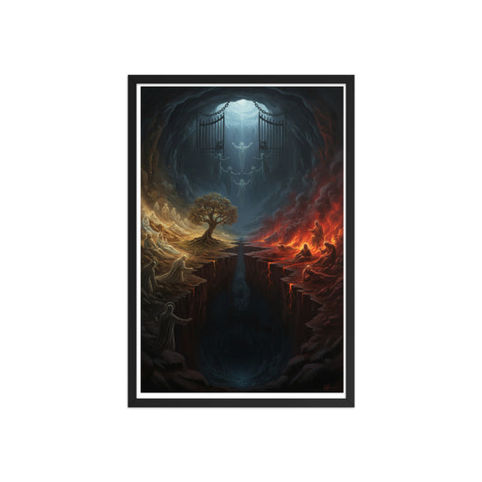 Sheol the biblical realm of the dead prophetic Christian wall art — Abraham's Bosom on the left with the righteous at rest, the pit of fire and torment on the right, a great gulf and the gates of Sheol dividing them
