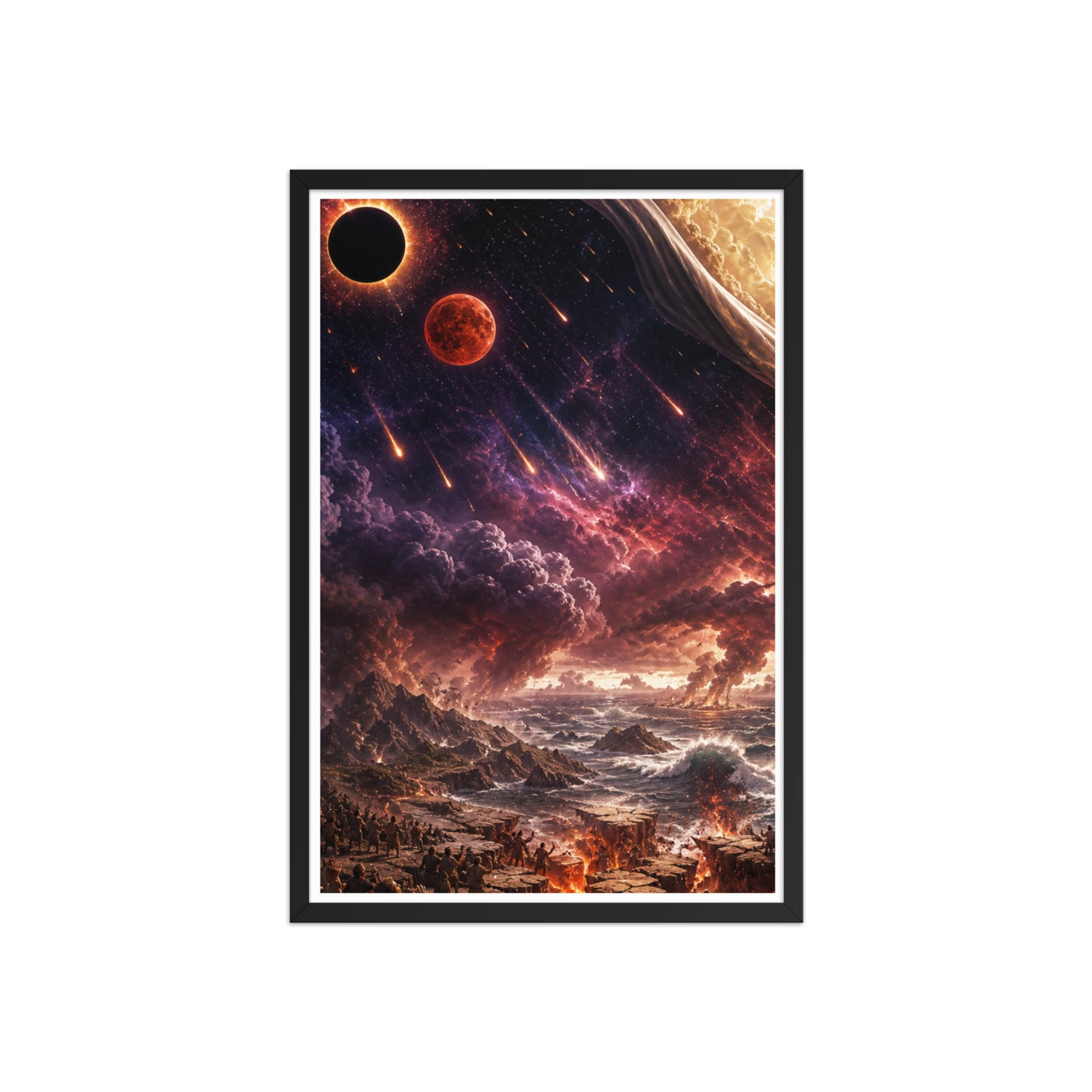 Revelation inspired framed Christian poster showing blood moon imagery, darkened skies, falling stars, and dramatic biblical end-times scenery.