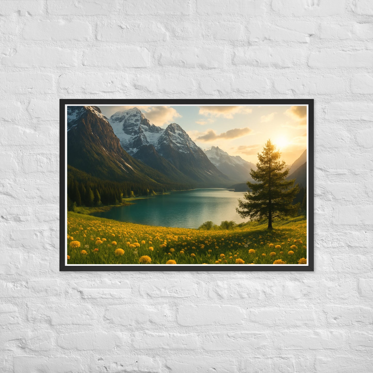 Majestic mountain valley Christian wall art with wildflowers and lake