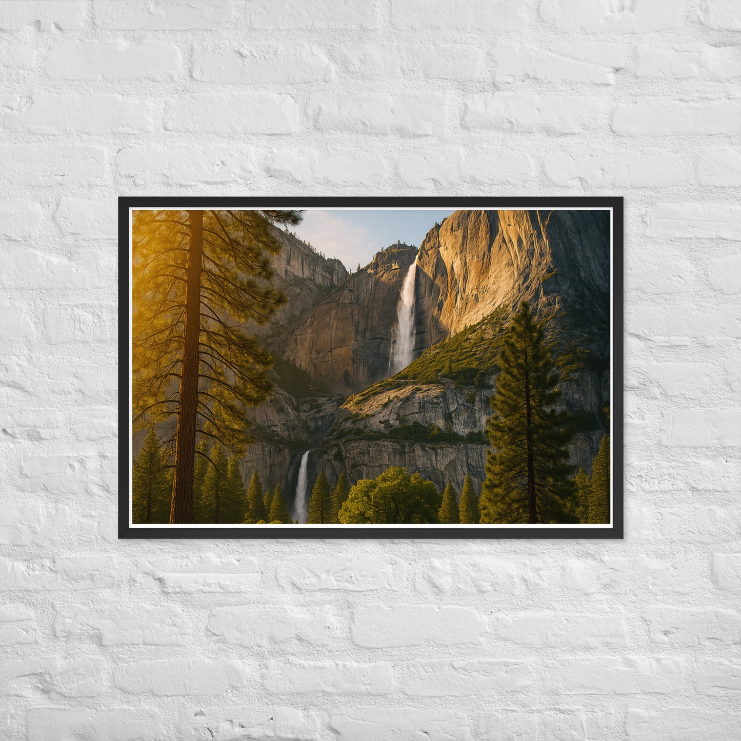 Waterfall landscape framed wall art with mountains and trees