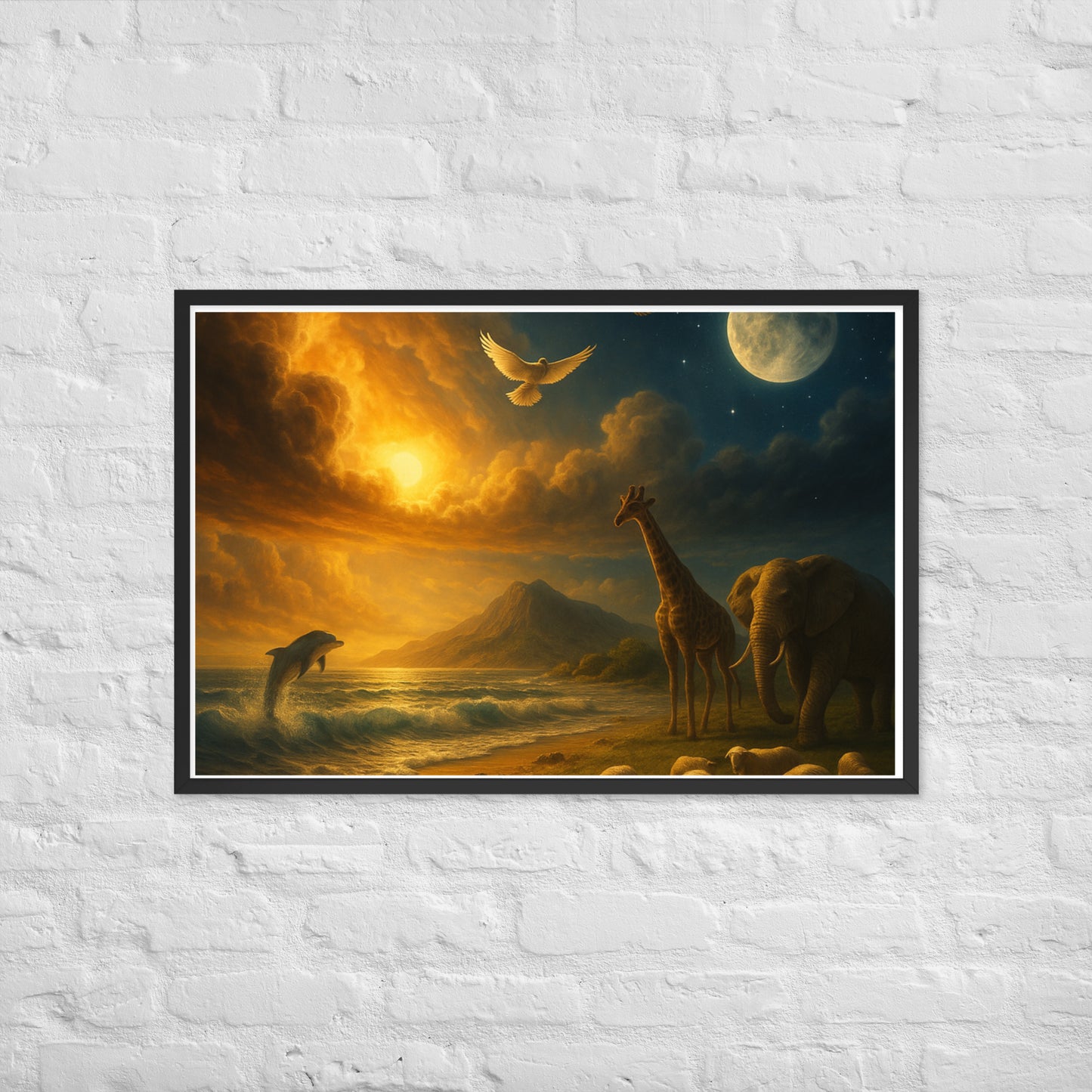 Genesis 1 creation poster—Christian wall art with sun, moon, ocean waves, dove, giraffe, elephant, sheep