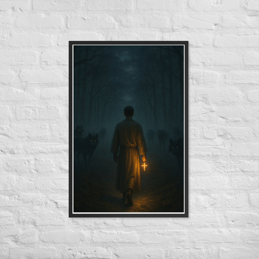 Man in a dark foggy forest holding a glowing cross while shadowy wolves watch from the trees, dramatic Christian wall art symbolizing Psalm 23 “fear no evil.”