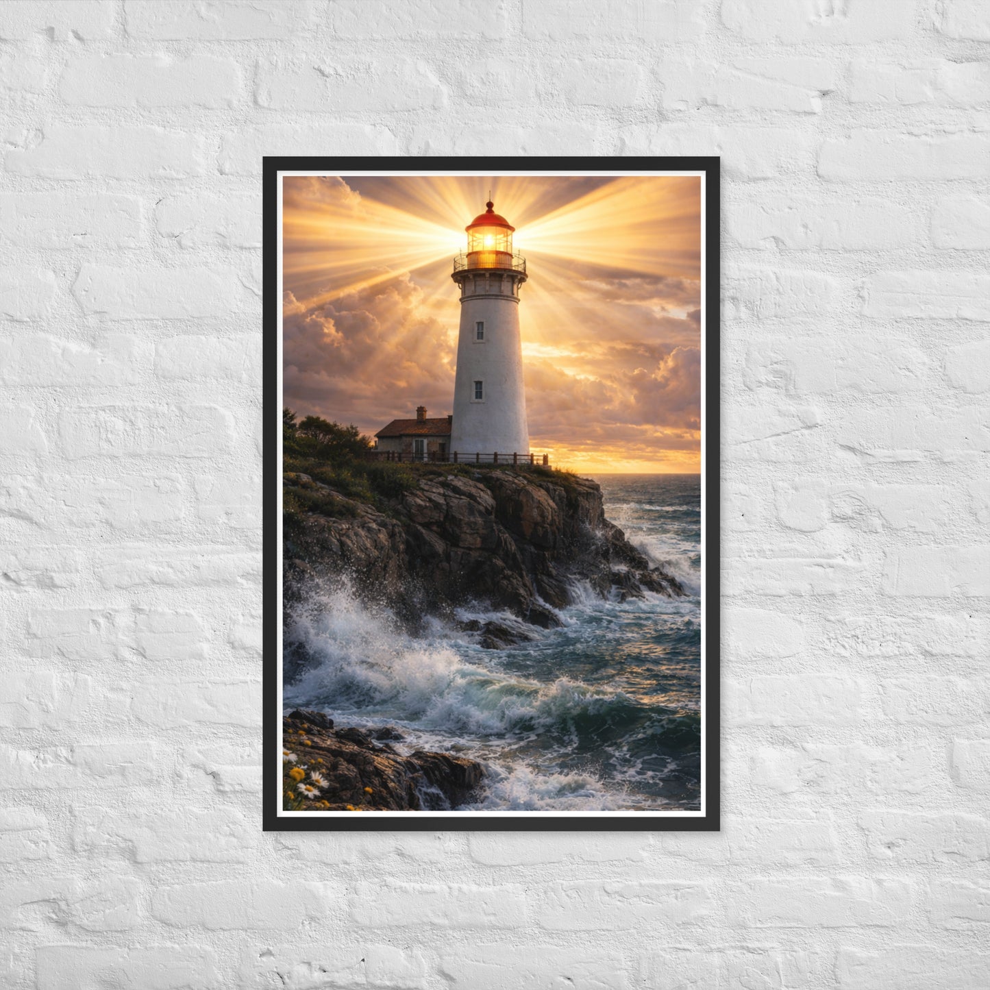 White lighthouse on rocky coastline shining golden beams through dramatic sunset clouds above crashing ocean waves, inspirational Christian coastal framed poster.