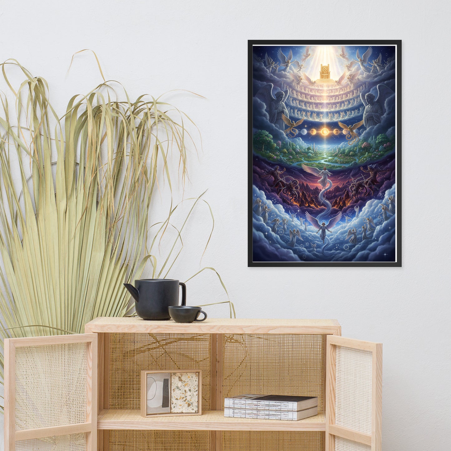 Enoch's vision of the seven heavens prophetic Christian wall art — paradise garden, celestial sun and moon, bound Watchers, angelic hosts, and blazing golden throne of glory surrounded by the heavenly host