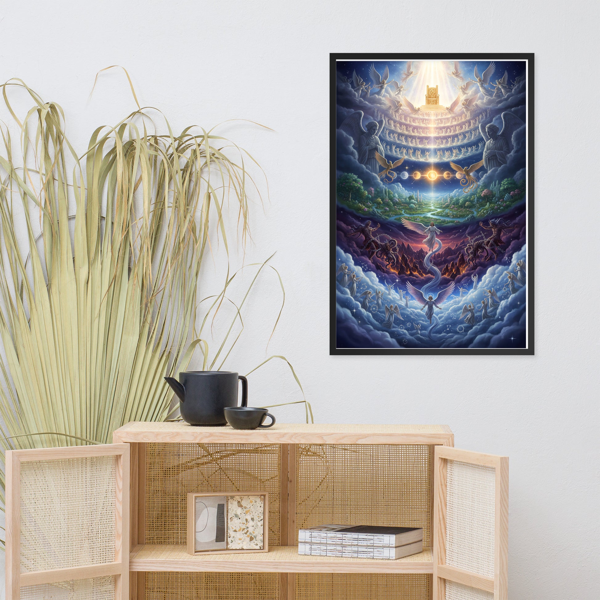 Enoch's vision of the seven heavens prophetic Christian wall art — paradise garden, celestial sun and moon, bound Watchers, angelic hosts, and blazing golden throne of glory surrounded by the heavenly host