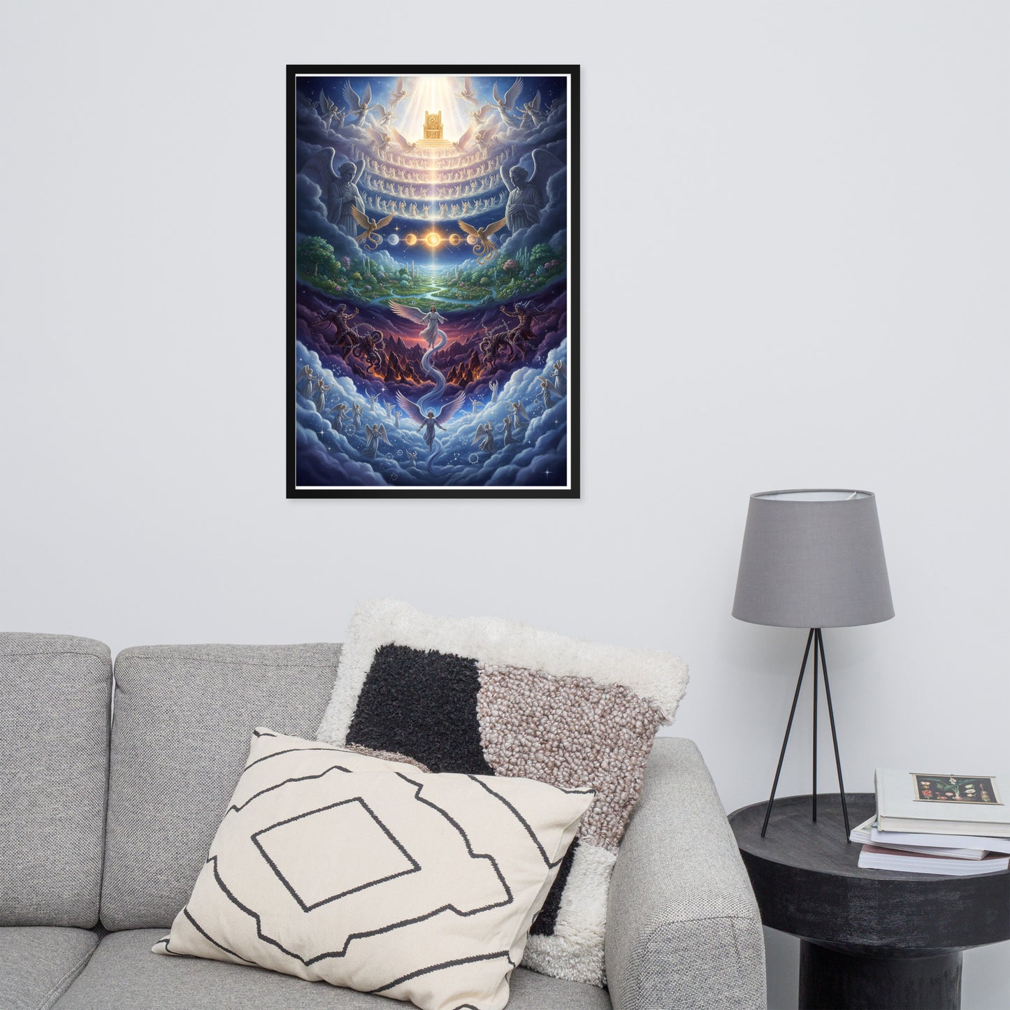 Enoch's vision of the seven heavens prophetic Christian wall art — paradise garden, celestial sun and moon, bound Watchers, angelic hosts, and blazing golden throne of glory surrounded by the heavenly host