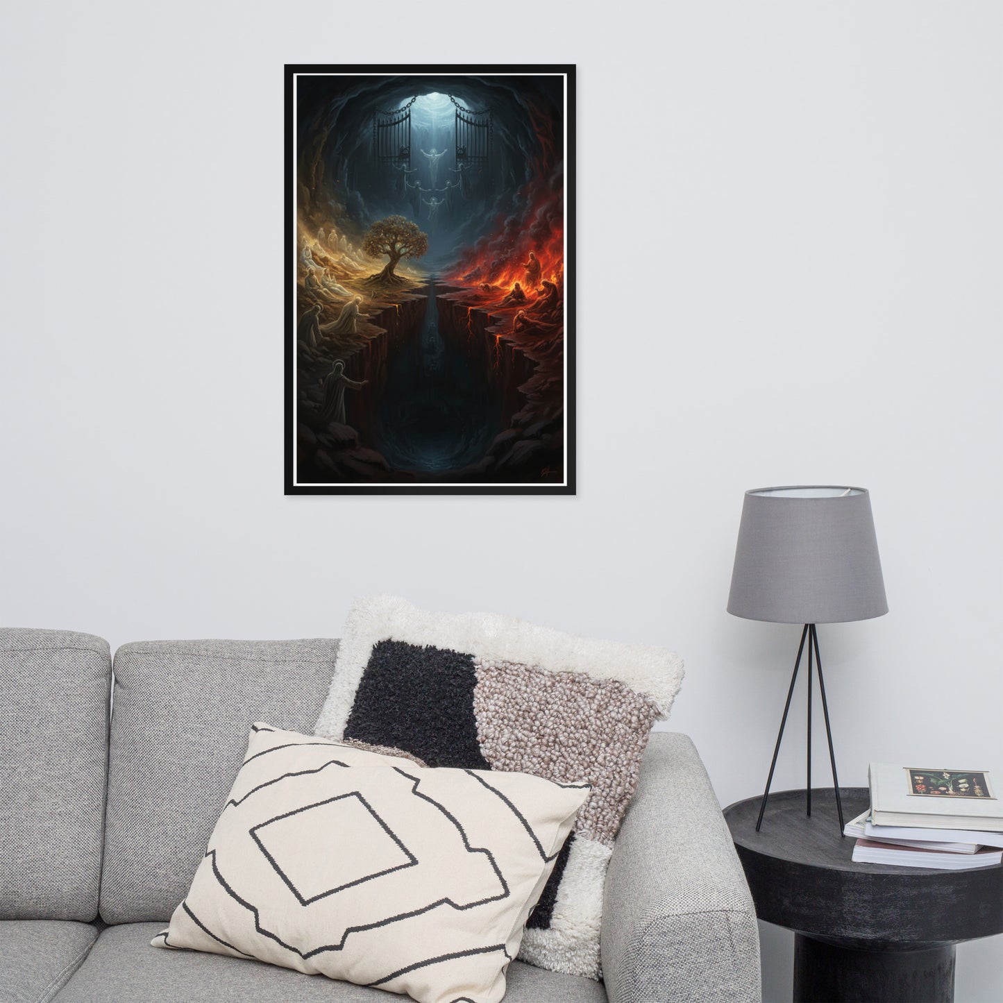 Sheol the biblical realm of the dead prophetic Christian wall art — Abraham's Bosom on the left with the righteous at rest, the pit of fire and torment on the right, a great gulf and the gates of Sheol dividing them