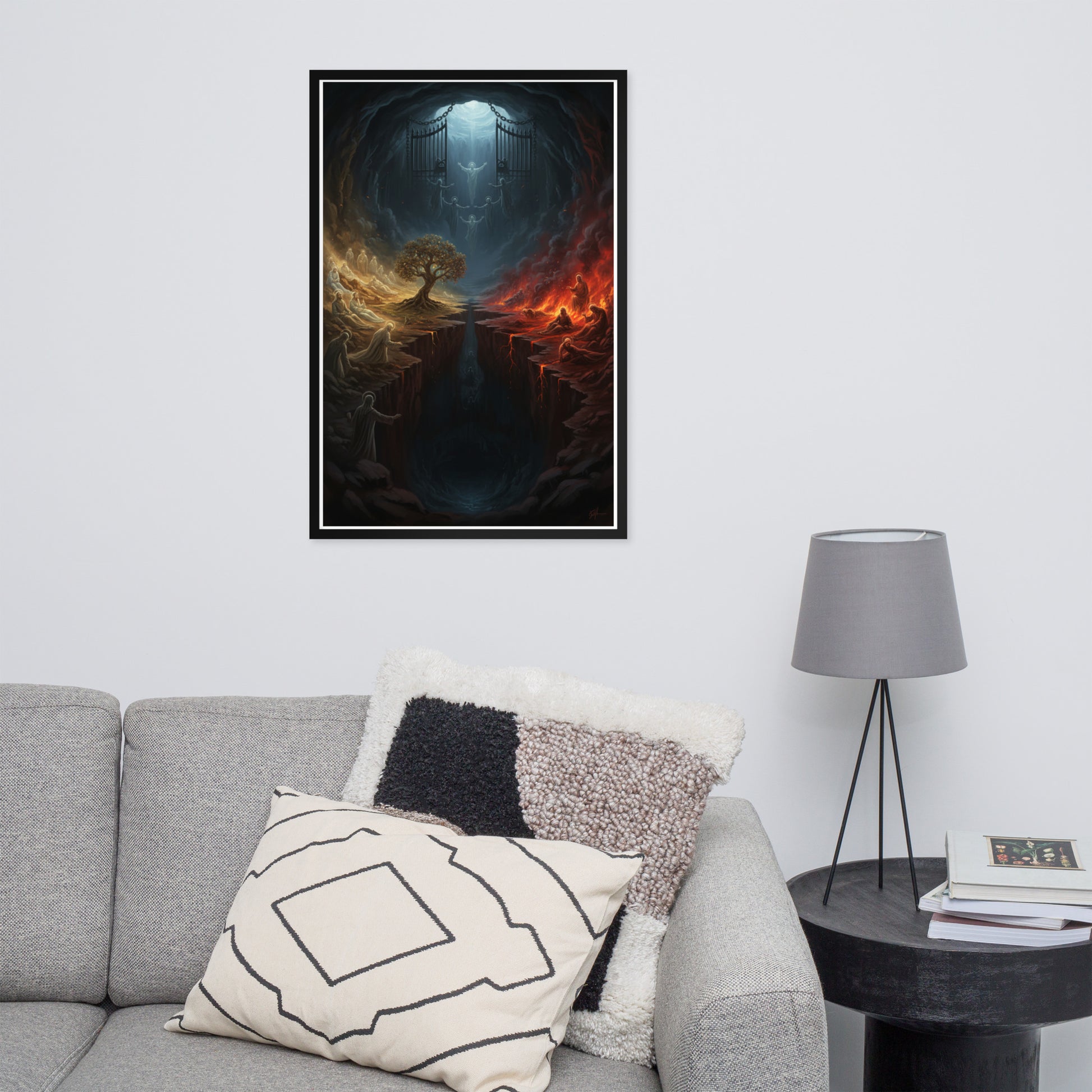 Sheol the biblical realm of the dead prophetic Christian wall art — Abraham's Bosom on the left with the righteous at rest, the pit of fire and torment on the right, a great gulf and the gates of Sheol dividing them