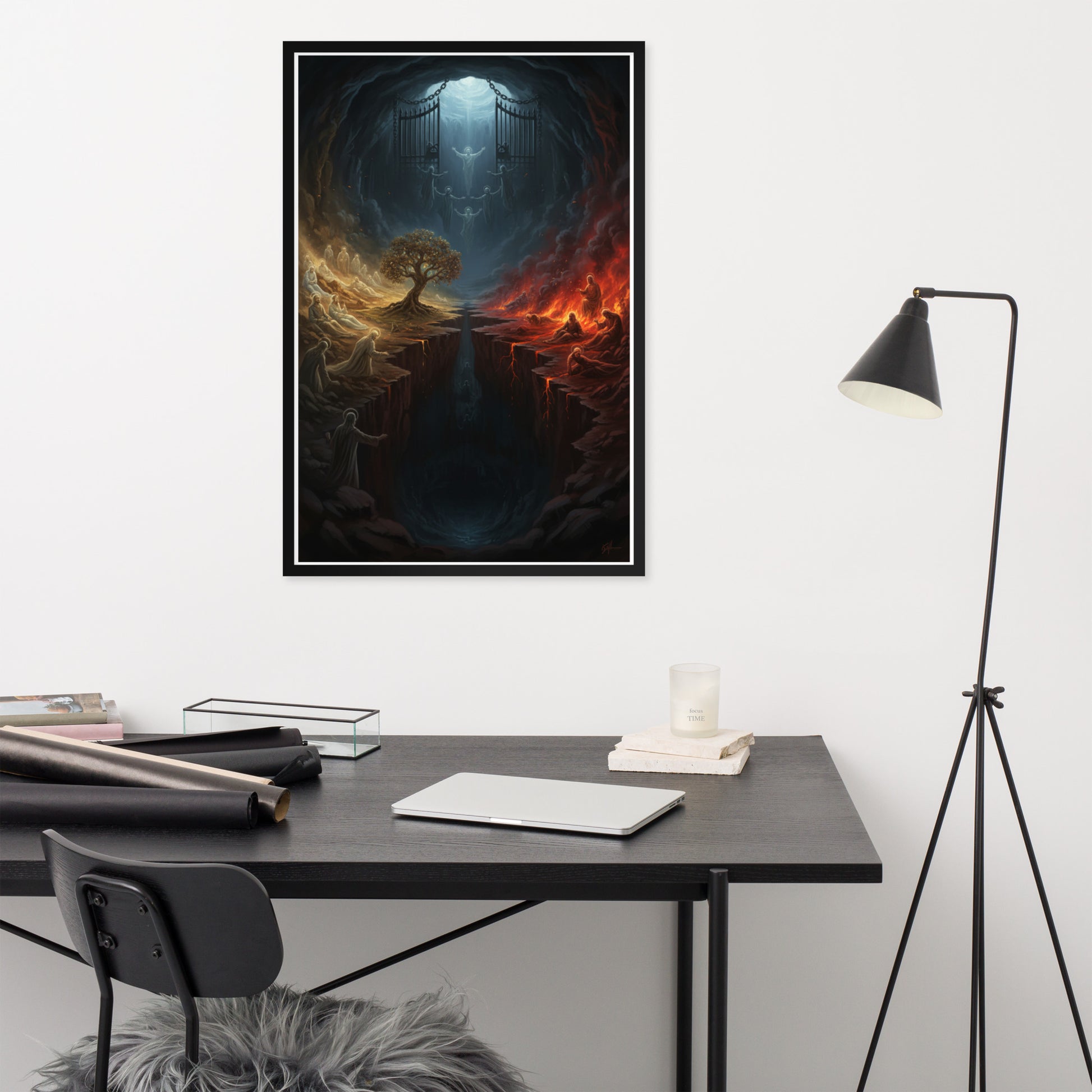 Sheol the biblical realm of the dead prophetic Christian wall art — Abraham's Bosom on the left with the righteous at rest, the pit of fire and torment on the right, a great gulf and the gates of Sheol dividing them