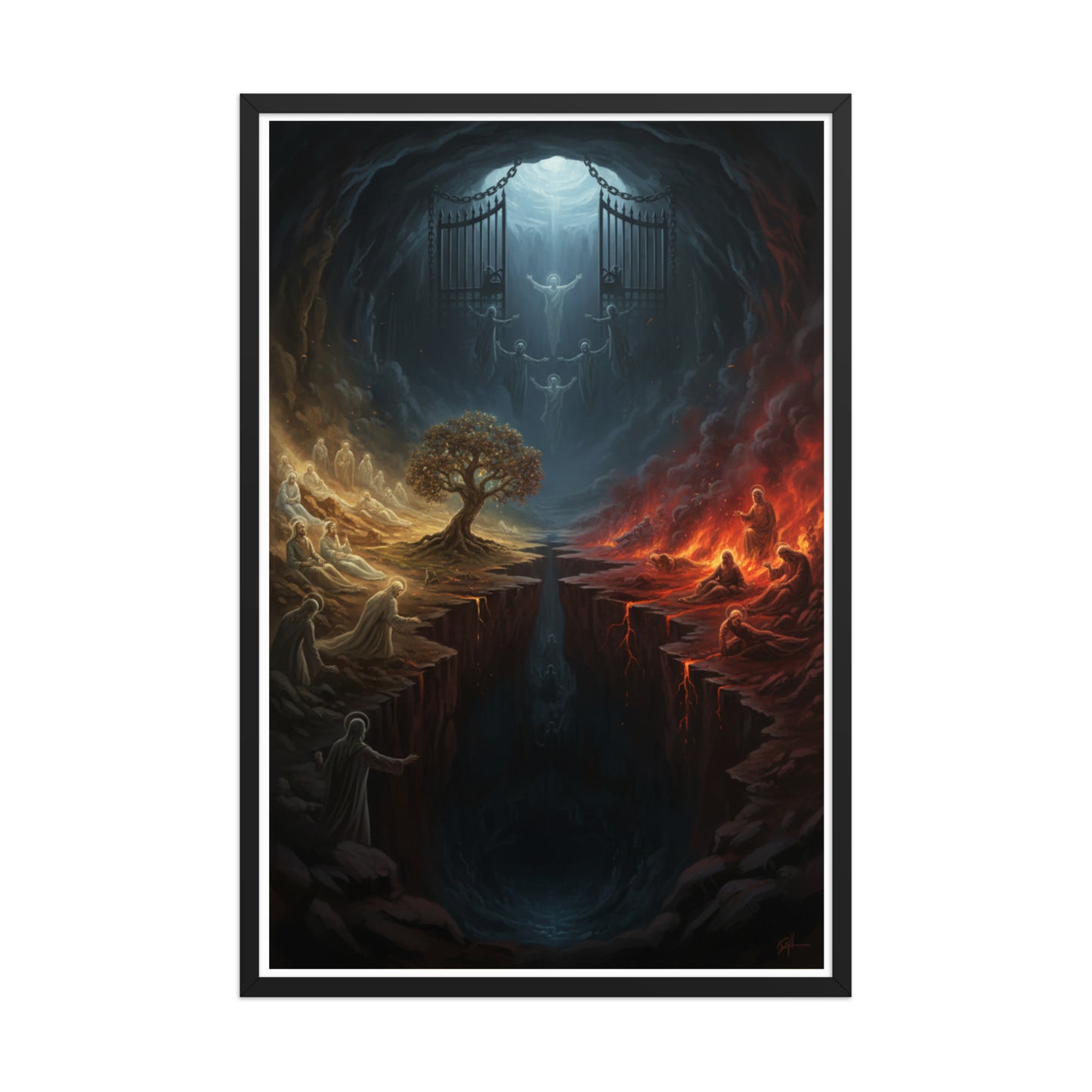 Sheol the biblical realm of the dead prophetic Christian wall art — Abraham's Bosom on the left with the righteous at rest, the pit of fire and torment on the right, a great gulf and the gates of Sheol dividing them