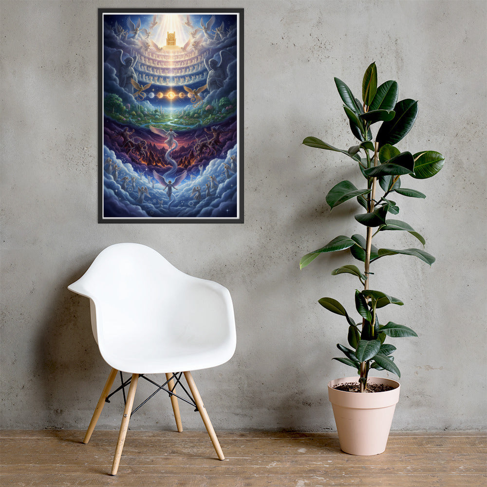 Enoch's vision of the seven heavens prophetic Christian wall art — paradise garden, celestial sun and moon, bound Watchers, angelic hosts, and blazing golden throne of glory surrounded by the heavenly host