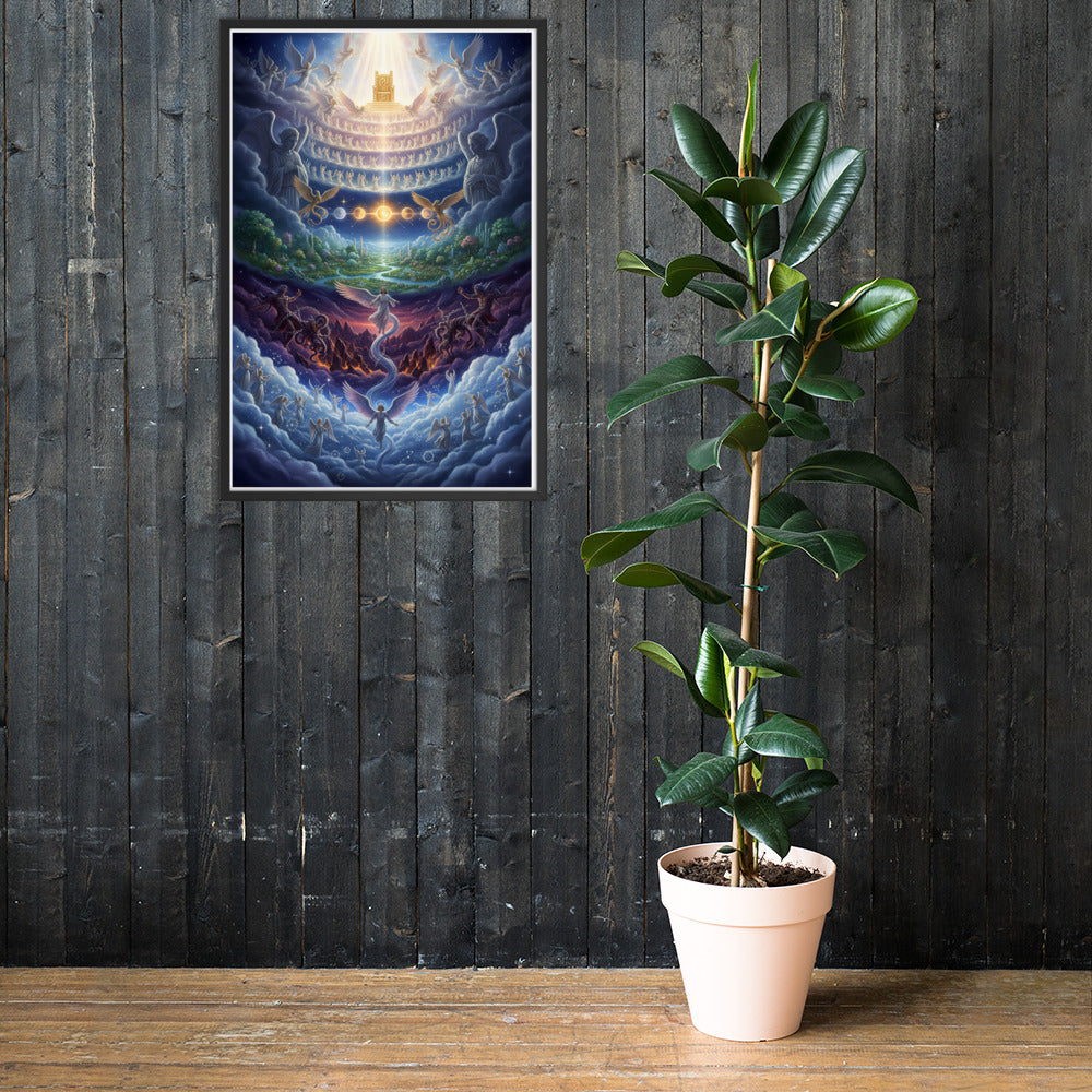 Enoch's vision of the seven heavens prophetic Christian wall art — paradise garden, celestial sun and moon, bound Watchers, angelic hosts, and blazing golden throne of glory surrounded by the heavenly host