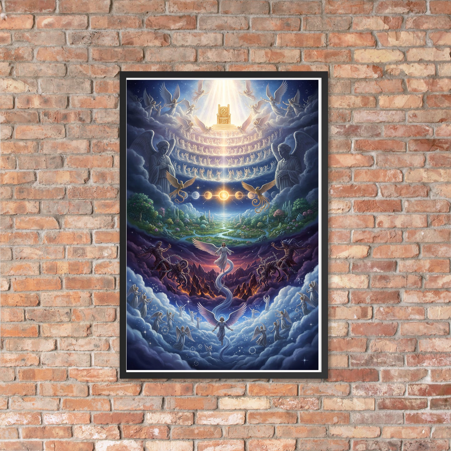 Enoch's vision of the seven heavens prophetic Christian wall art — paradise garden, celestial sun and moon, bound Watchers, angelic hosts, and blazing golden throne of glory surrounded by the heavenly host