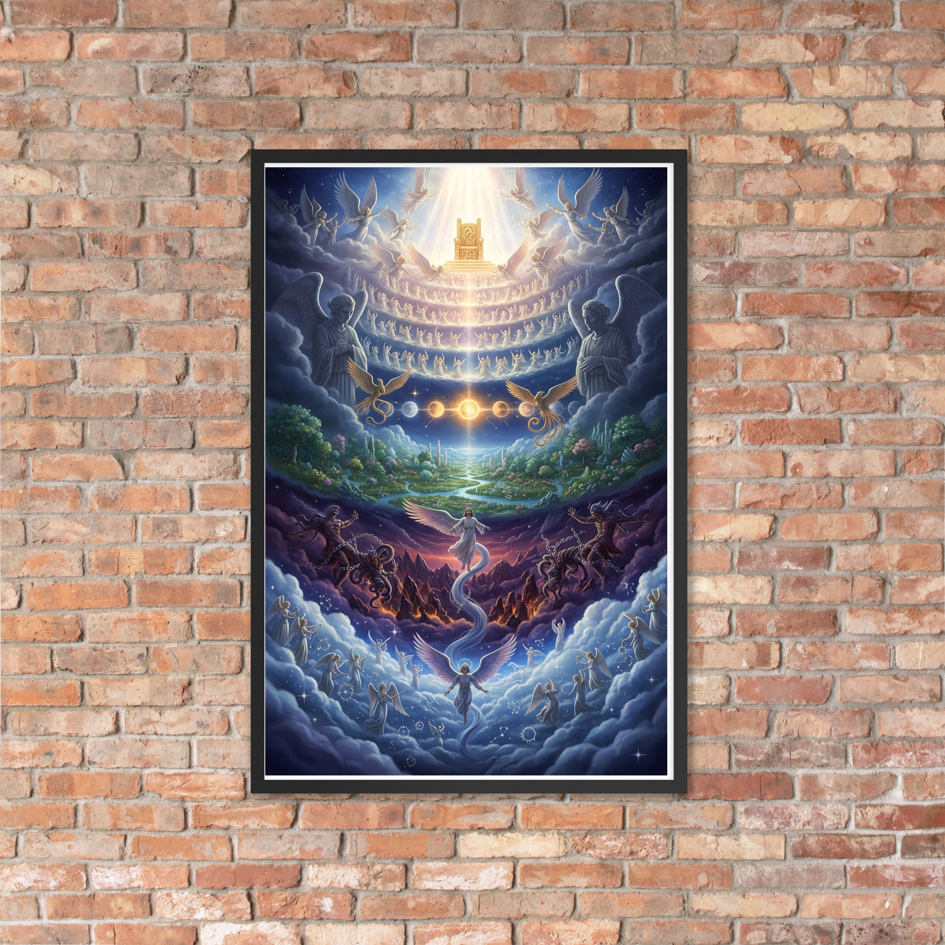 Enoch's vision of the seven heavens prophetic Christian wall art — paradise garden, celestial sun and moon, bound Watchers, angelic hosts, and blazing golden throne of glory surrounded by the heavenly host