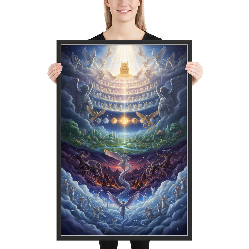 Enoch's vision of the seven heavens prophetic Christian wall art — paradise garden, celestial sun and moon, bound Watchers, angelic hosts, and blazing golden throne of glory surrounded by the heavenly host