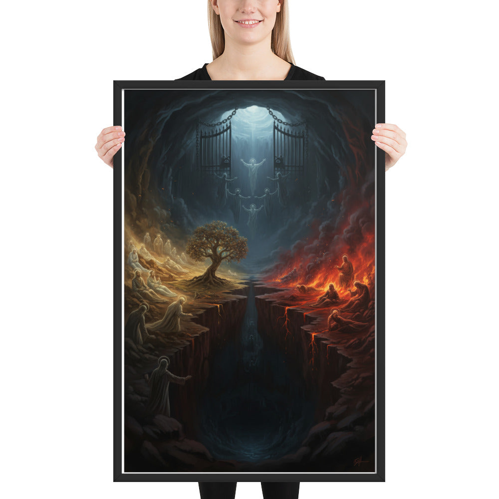 Sheol the biblical realm of the dead prophetic Christian wall art — Abraham's Bosom on the left with the righteous at rest, the pit of fire and torment on the right, a great gulf and the gates of Sheol dividing them