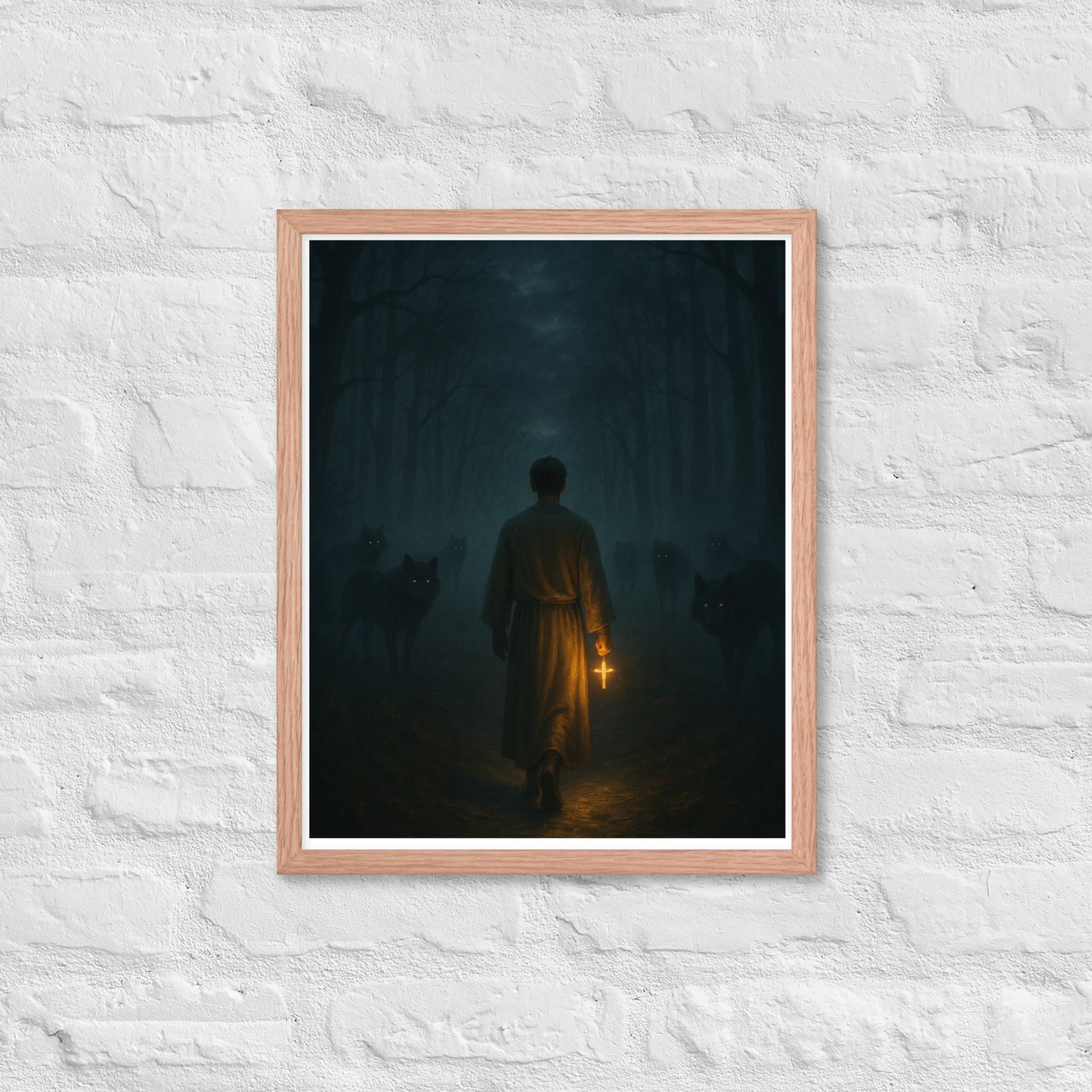 Man in a dark foggy forest holding a glowing cross while shadowy wolves watch from the trees, dramatic Christian wall art symbolizing Psalm 23 “fear no evil.”