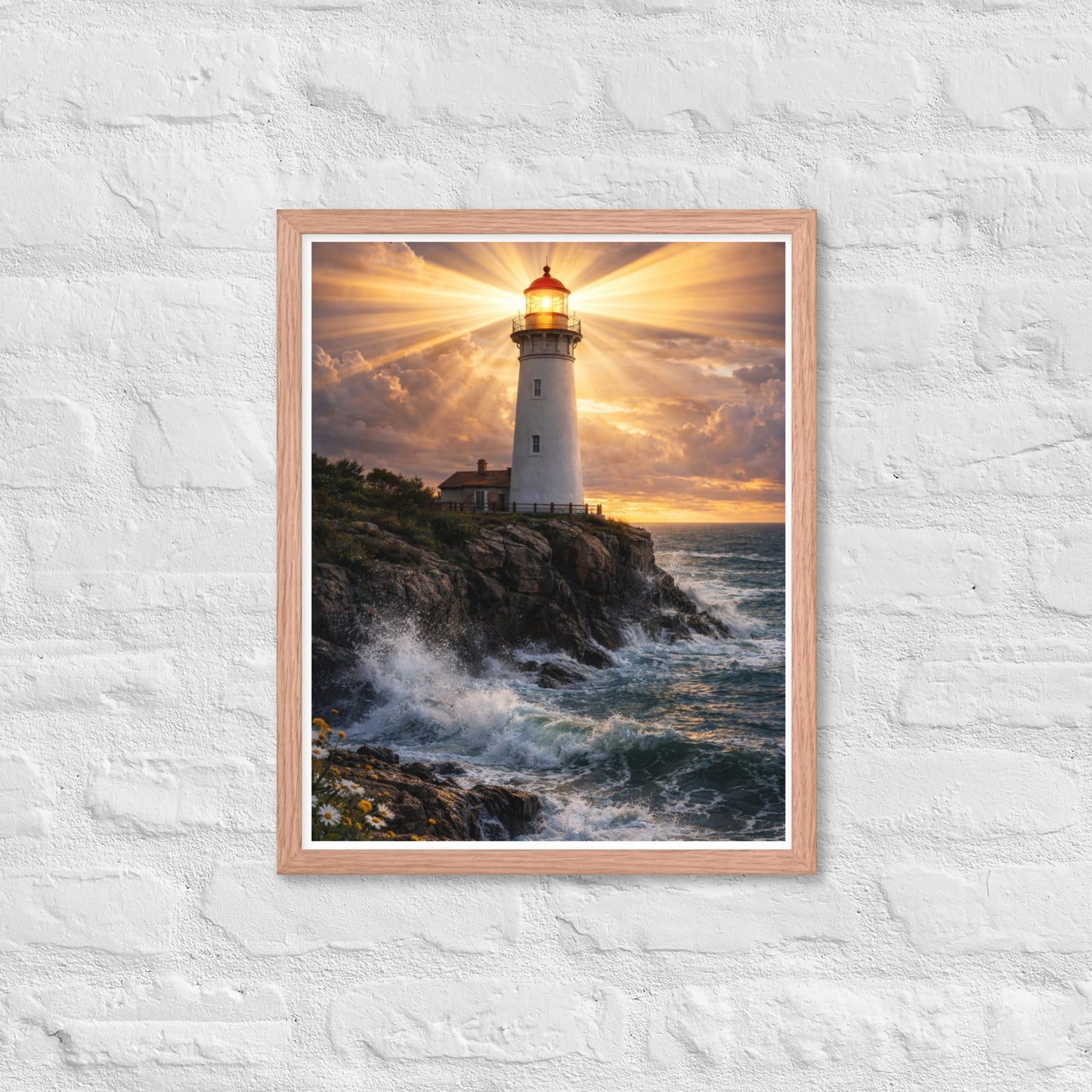 White lighthouse on rocky coastline shining golden beams through dramatic sunset clouds above crashing ocean waves, inspirational Christian coastal framed poster.