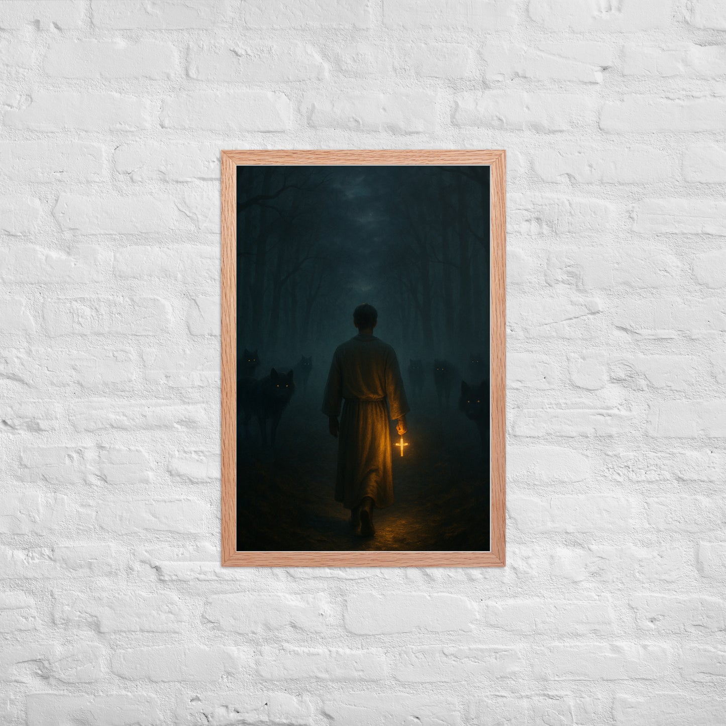 Man in a dark foggy forest holding a glowing cross while shadowy wolves watch from the trees, dramatic Christian wall art symbolizing Psalm 23 “fear no evil.”