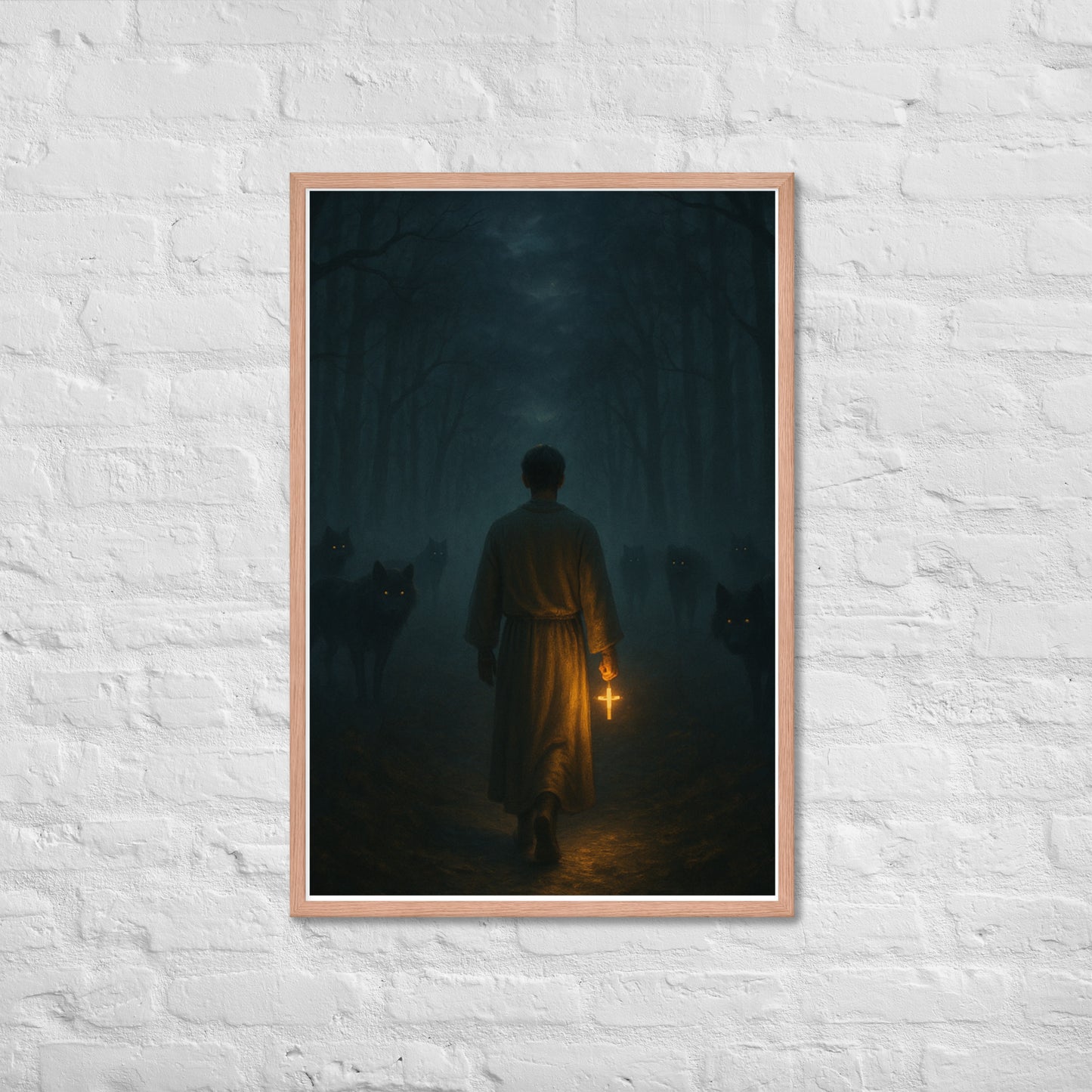 Man in a dark foggy forest holding a glowing cross while shadowy wolves watch from the trees, dramatic Christian wall art symbolizing Psalm 23 “fear no evil.”