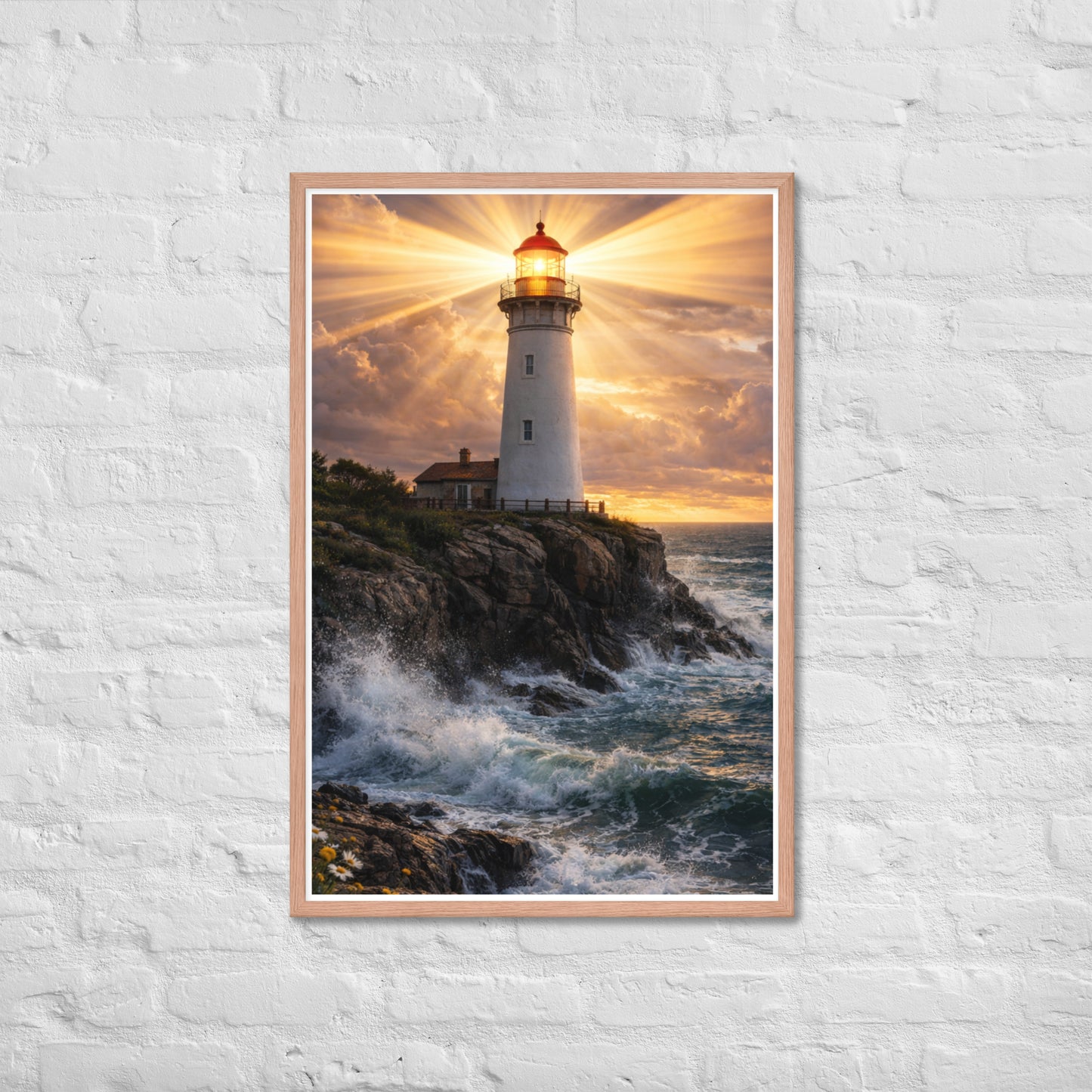 White lighthouse on rocky coastline shining golden beams through dramatic sunset clouds above crashing ocean waves, inspirational Christian coastal framed poster.