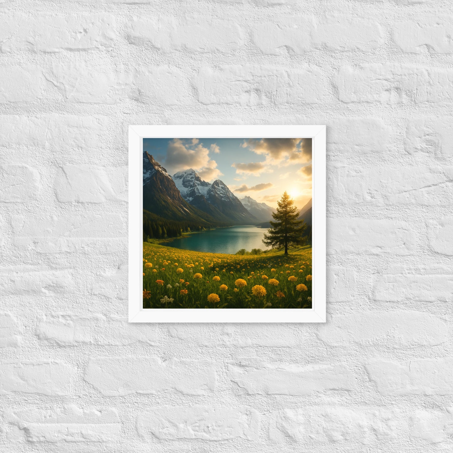 Majestic mountain valley Christian wall art with wildflowers and lake