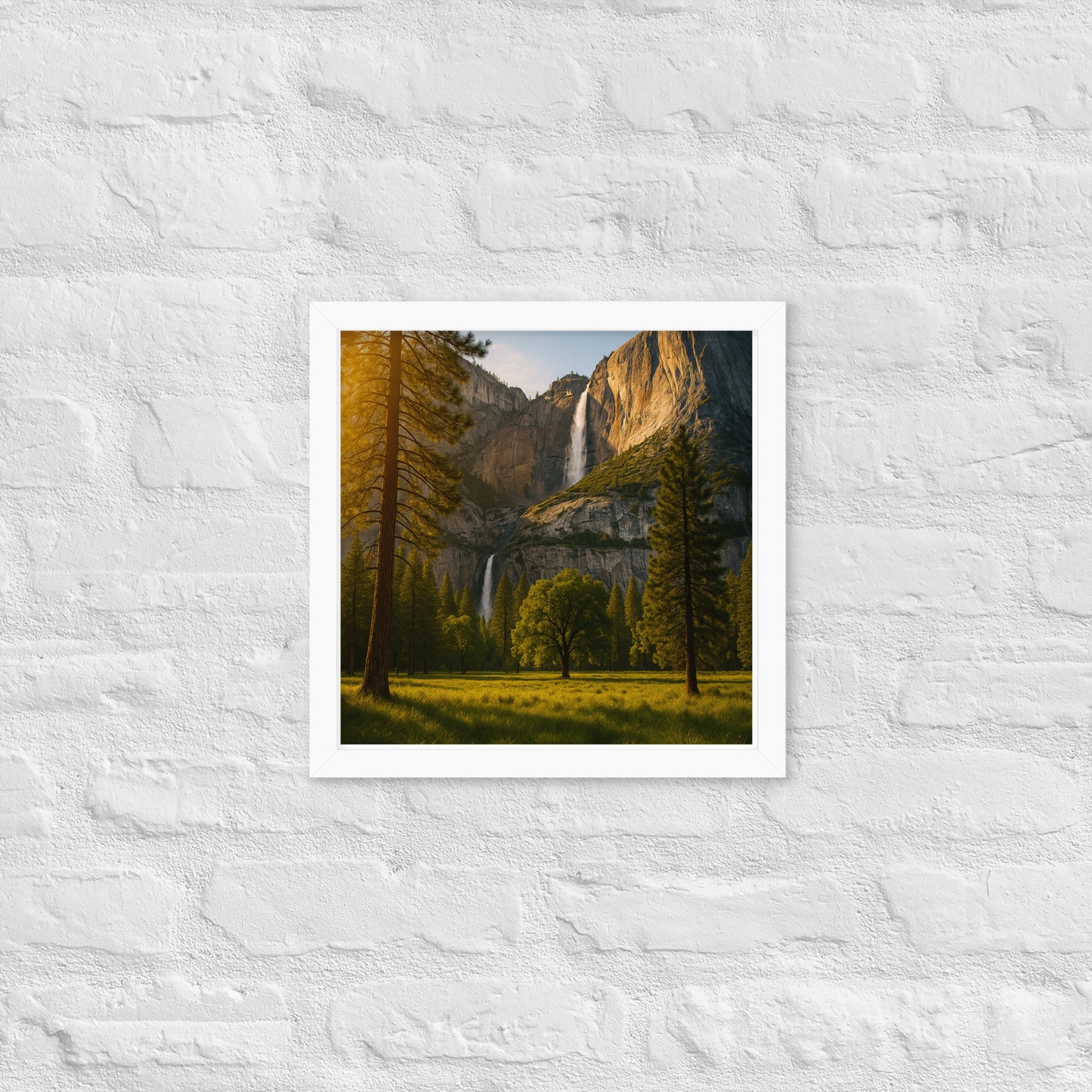 Waterfall landscape framed wall art with mountains and trees