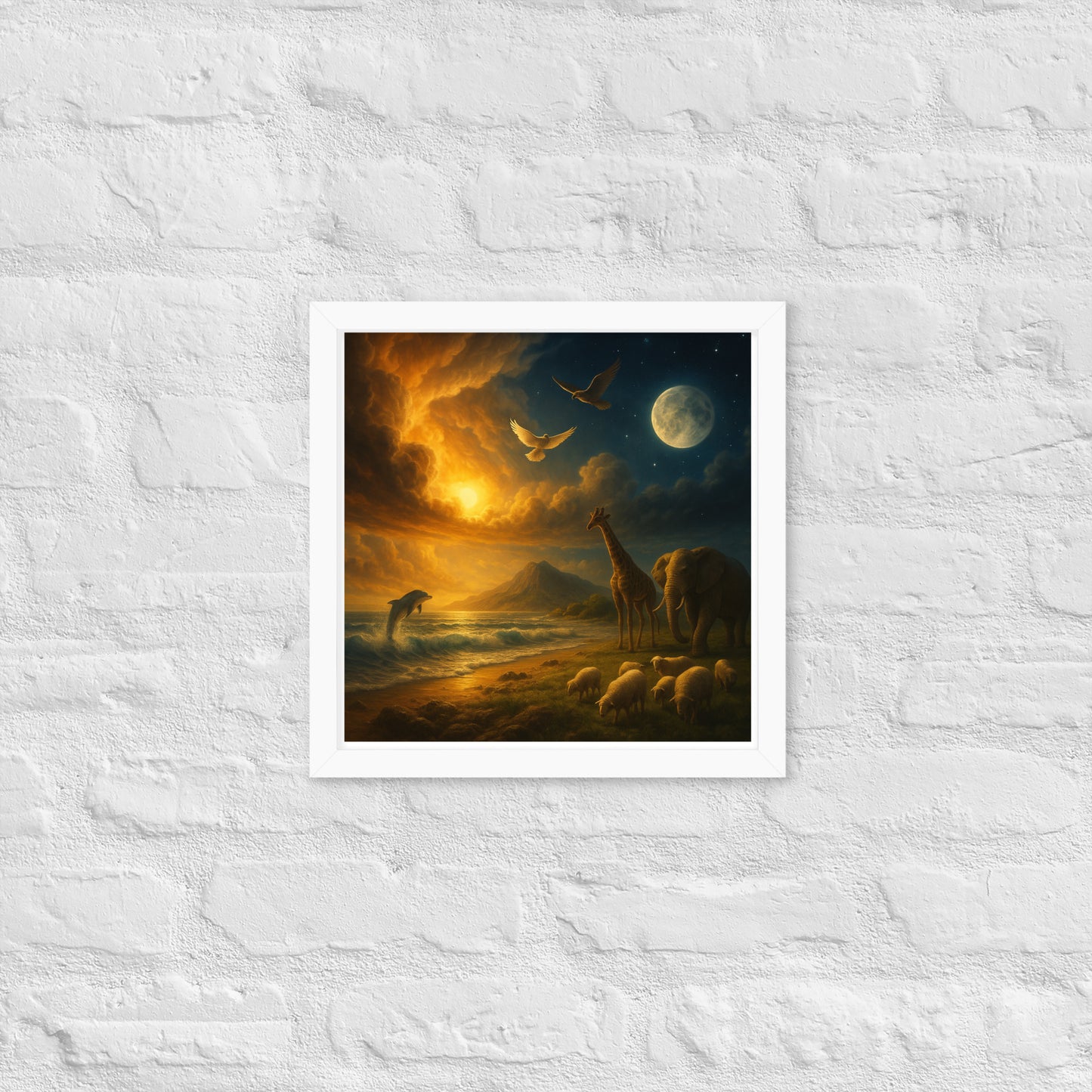 Genesis 1 creation poster—Christian wall art with sun, moon, ocean waves, dove, giraffe, elephant, sheep
