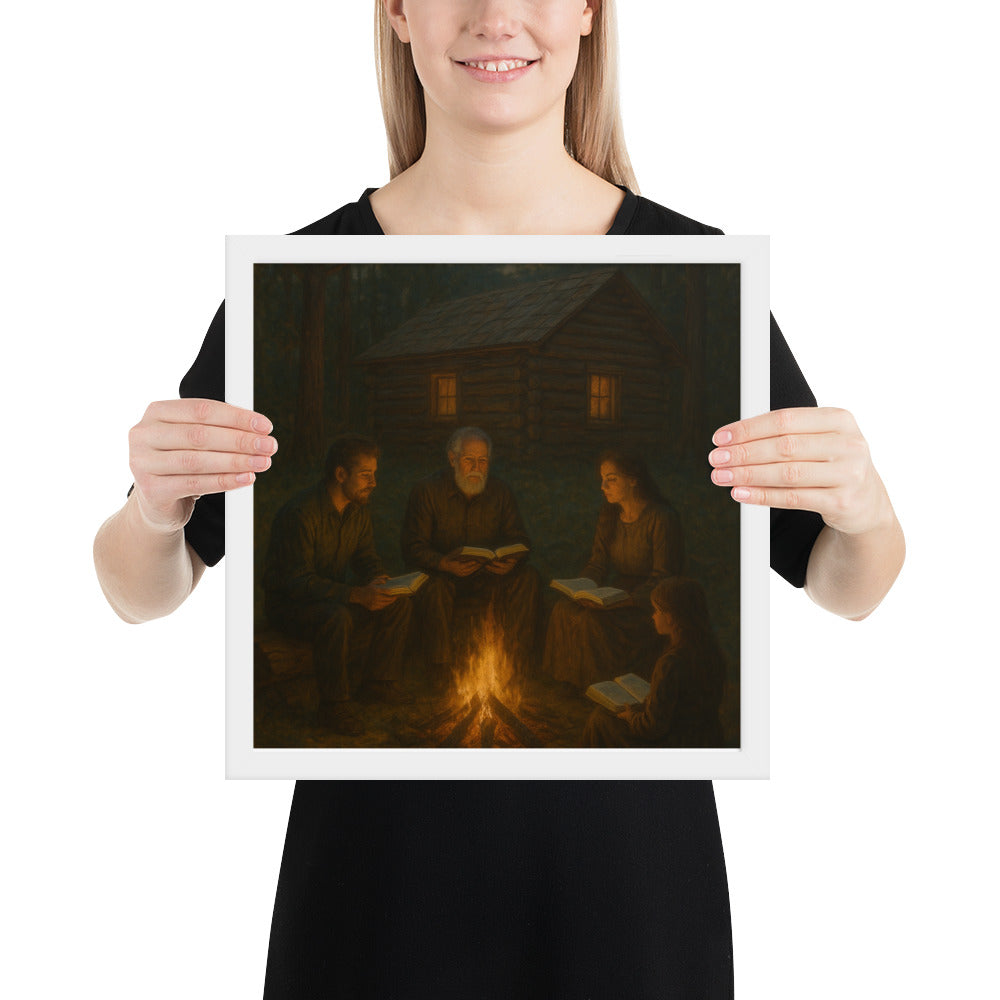 Christian wall art of family Bible study by campfire – faith-based framed poster symbolizing fellowship, prayer, and devotion.