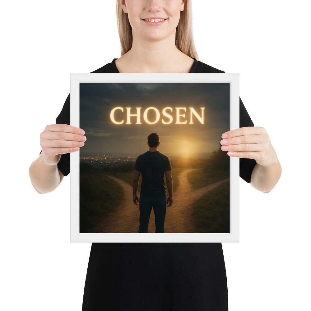 Christian wall art poster with prophetic “Chosen” design — framed faith-based décor about identity and purpose in Christ.