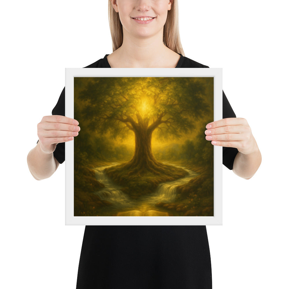 Tree of Life Christian poster with scripture design in gold and green.