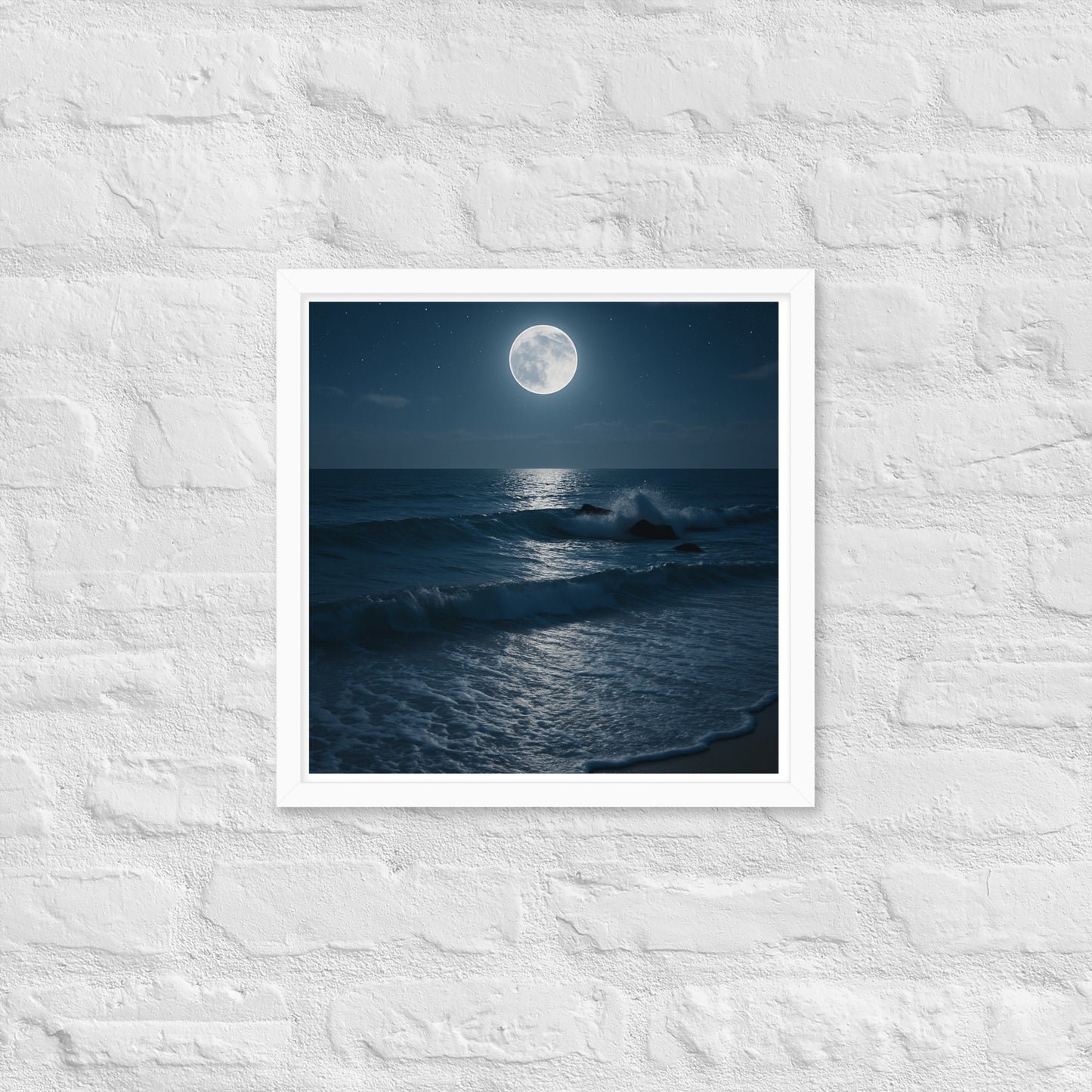 Framed moonlit beach poster – night ocean Christian wall art